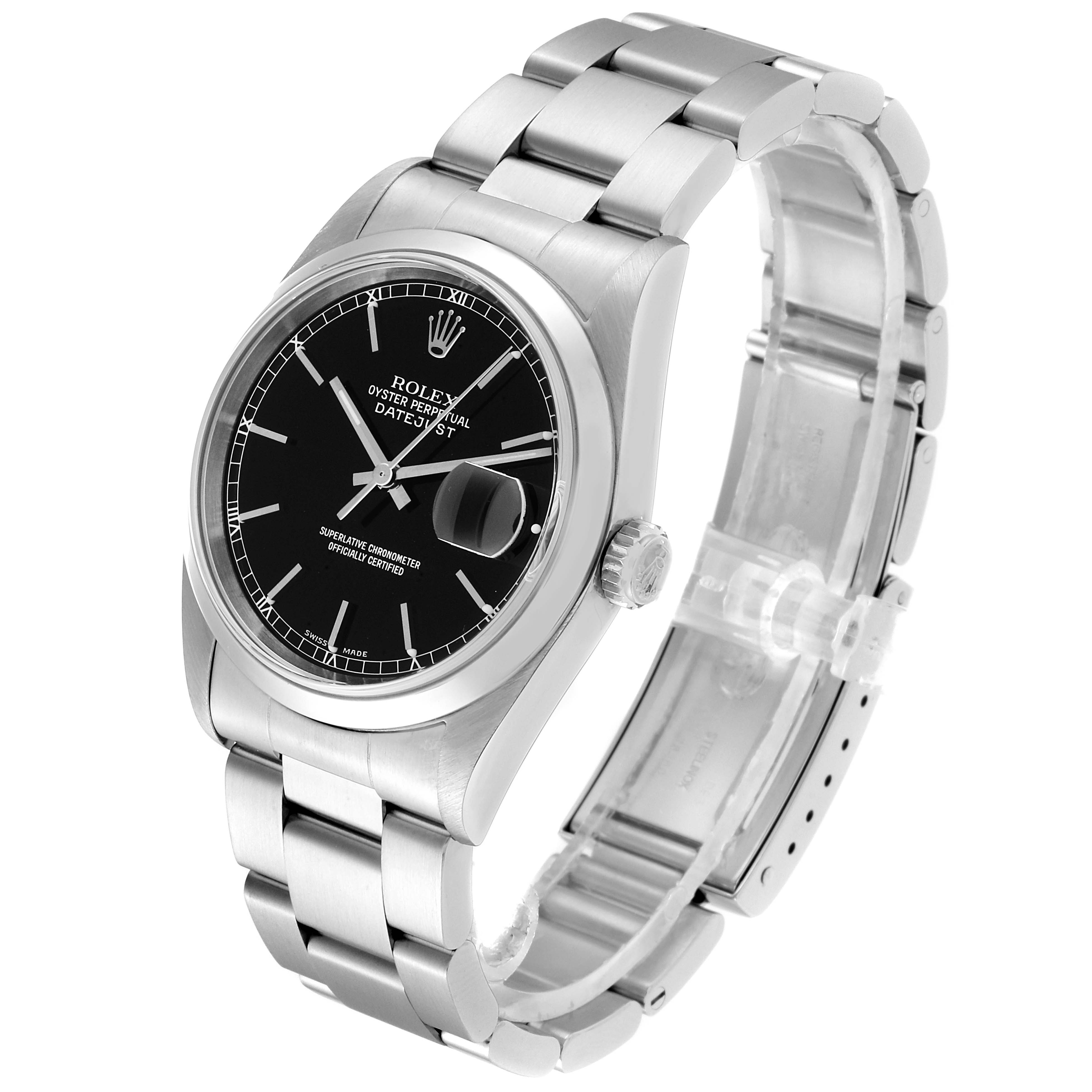 The Rolex Datejust 16200 Men's Stainless Steel Black Dial 16200 Men's Stainless Steel Black Dial watch is shown at a slight right angle, displaying the face, bezel, crown, and part of the bracelet.