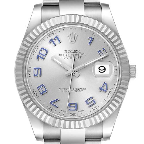 The Rolex Datejust 41 116334 Men's Stainless Steel Silver Dial is shown from the front, highlighting its silver dial, fluted bezel, date window, and blue numerals.