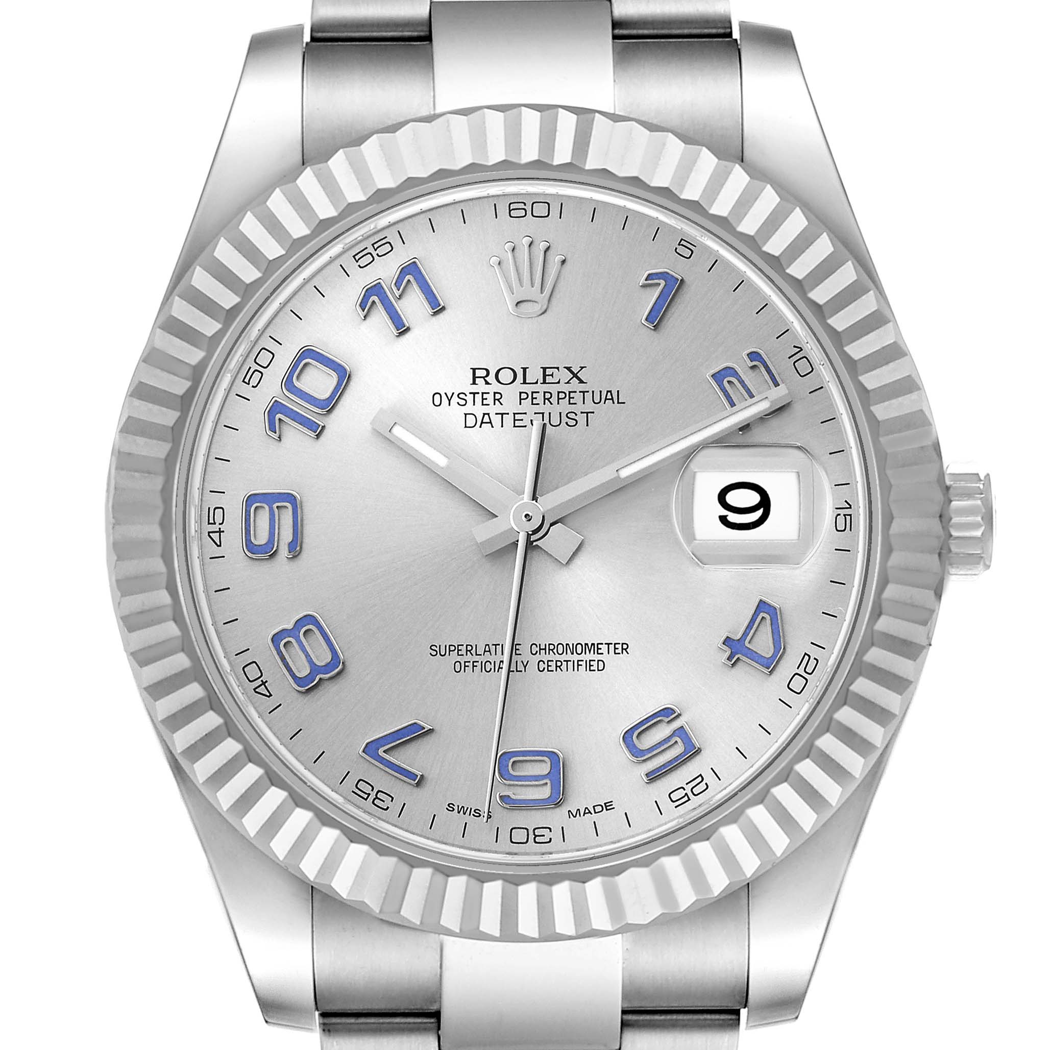 The Rolex Datejust 41 116334 Men's Stainless Steel Silver Dial watch is shown from a front angle, highlighting the dial, hands, date window, and fluted bezel.