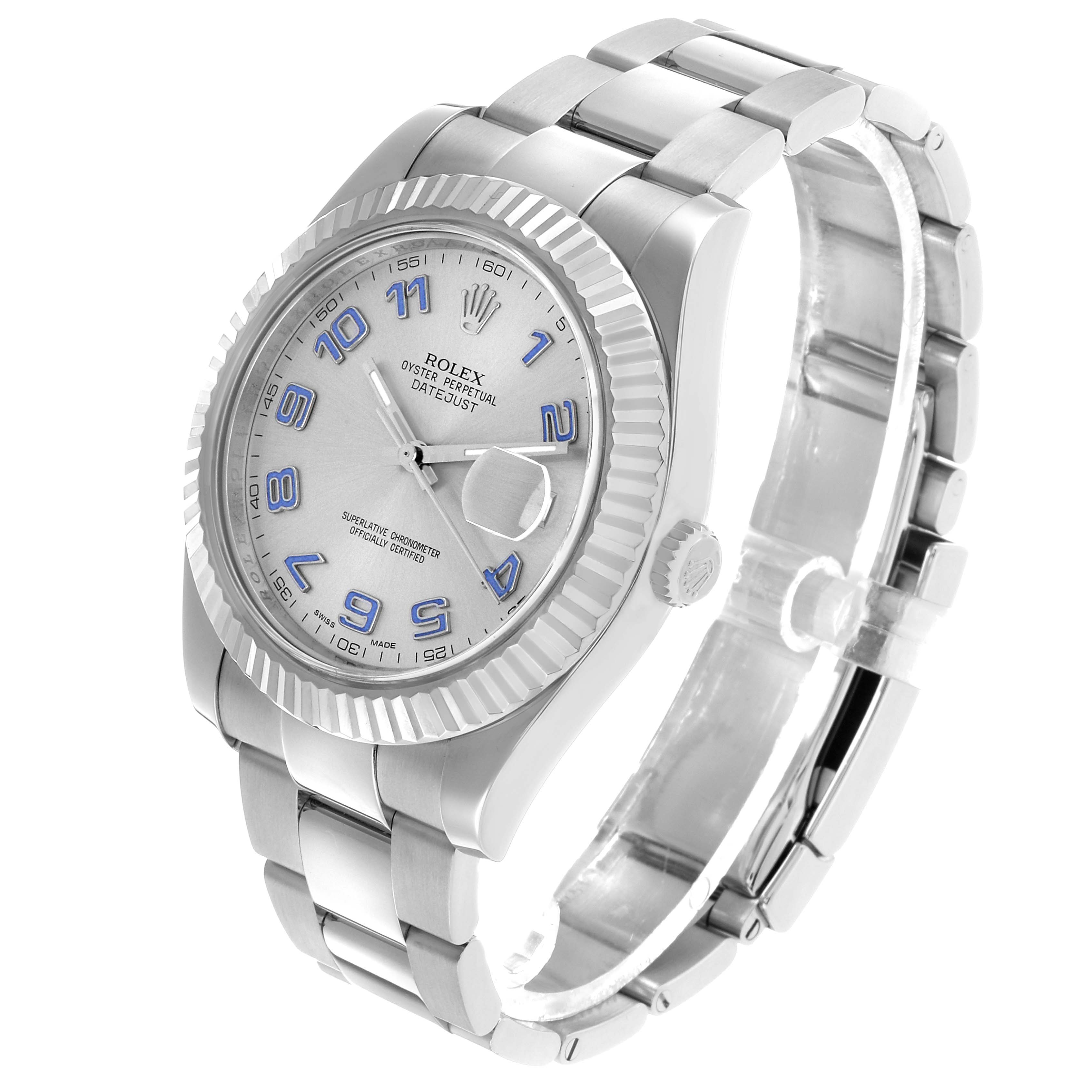 The Rolex Datejust 41 116334 Men's Stainless Steel Silver Dial watch is shown at a three-quarter angle, highlighting the dial, fluted bezel, and part of the bracelet.