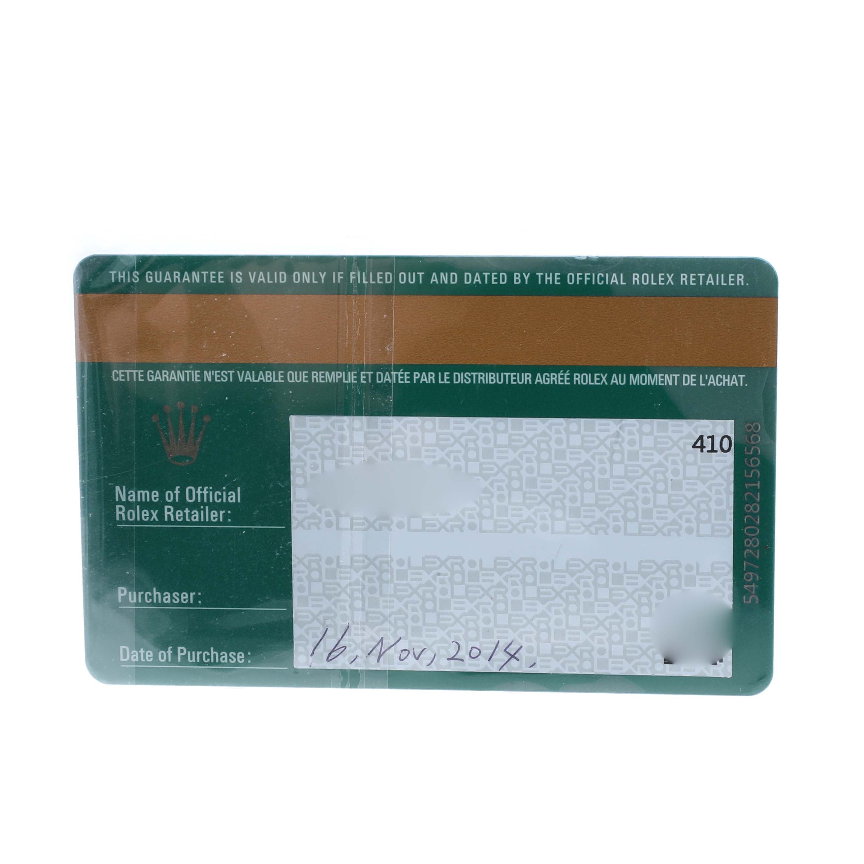 The image shows a warranty card for the Rolex Datejust 41 116334 Men's Stainless Steel Silver Dial, displaying purchase details and retailer information.