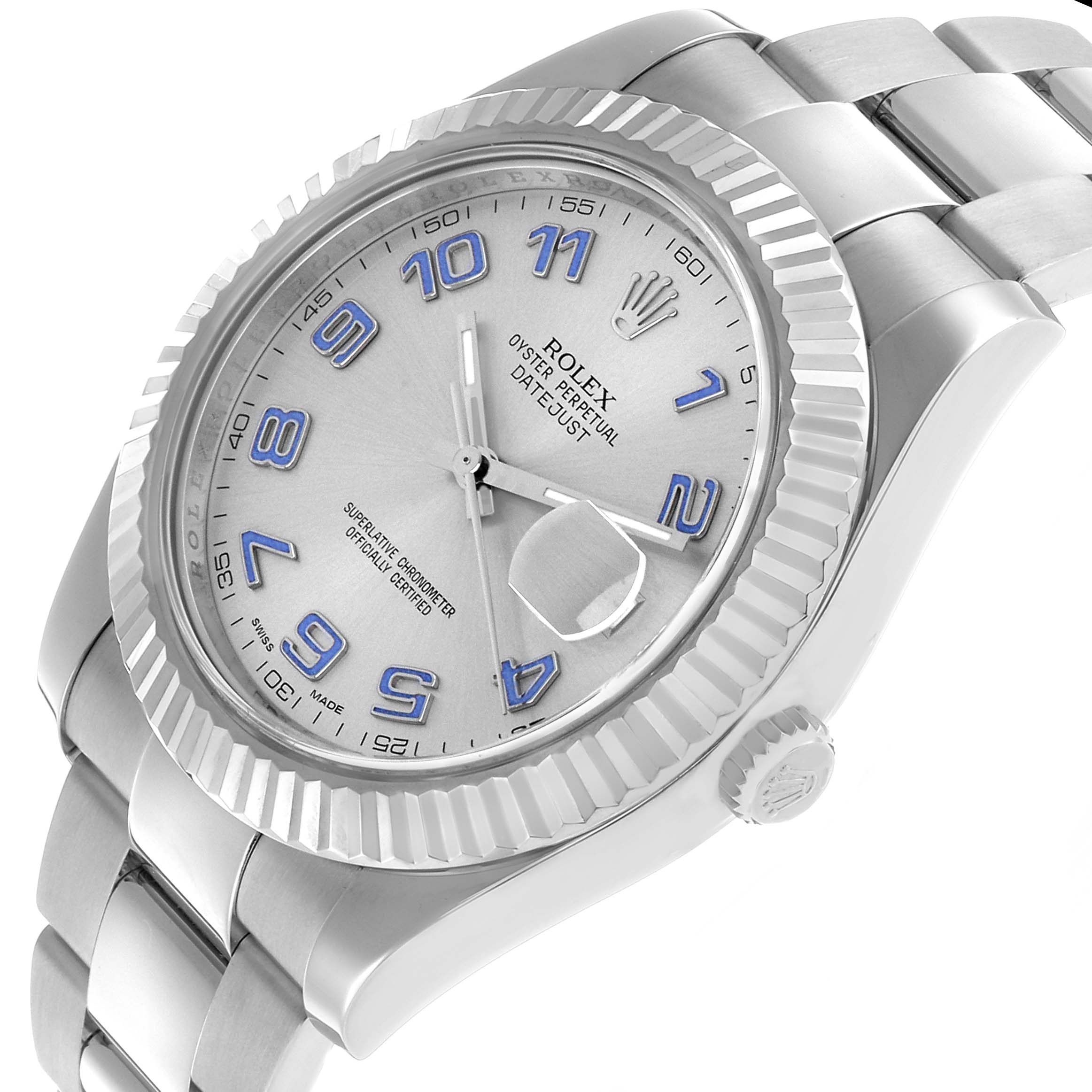 The Rolex Datejust 41 116334 Men's Stainless Steel Silver Dial is shown at an angled side view, highlighting the face, fluted bezel, and part of the bracelet.