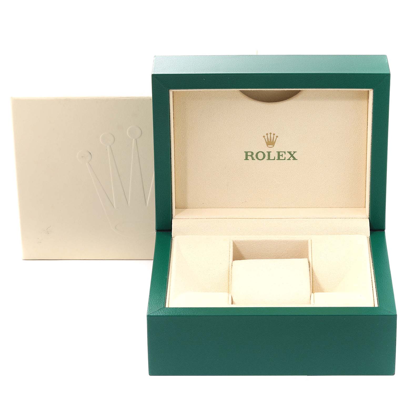 This image shows an open green Rolex box for the Datejust 41 model, displaying the interior storage compartment.