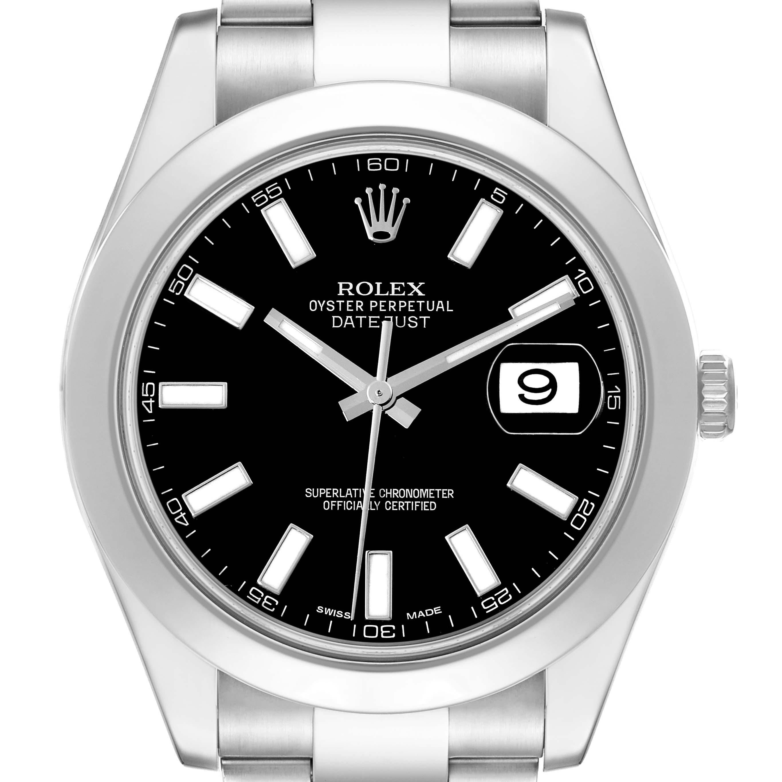 The image shows a front view of the Rolex Datejust 41 116300 Men's Stainless Steel Black Dial 116300 Men's Stainless Steel Black Dial watch, displaying the dial, hands, bezel, and bracelet.