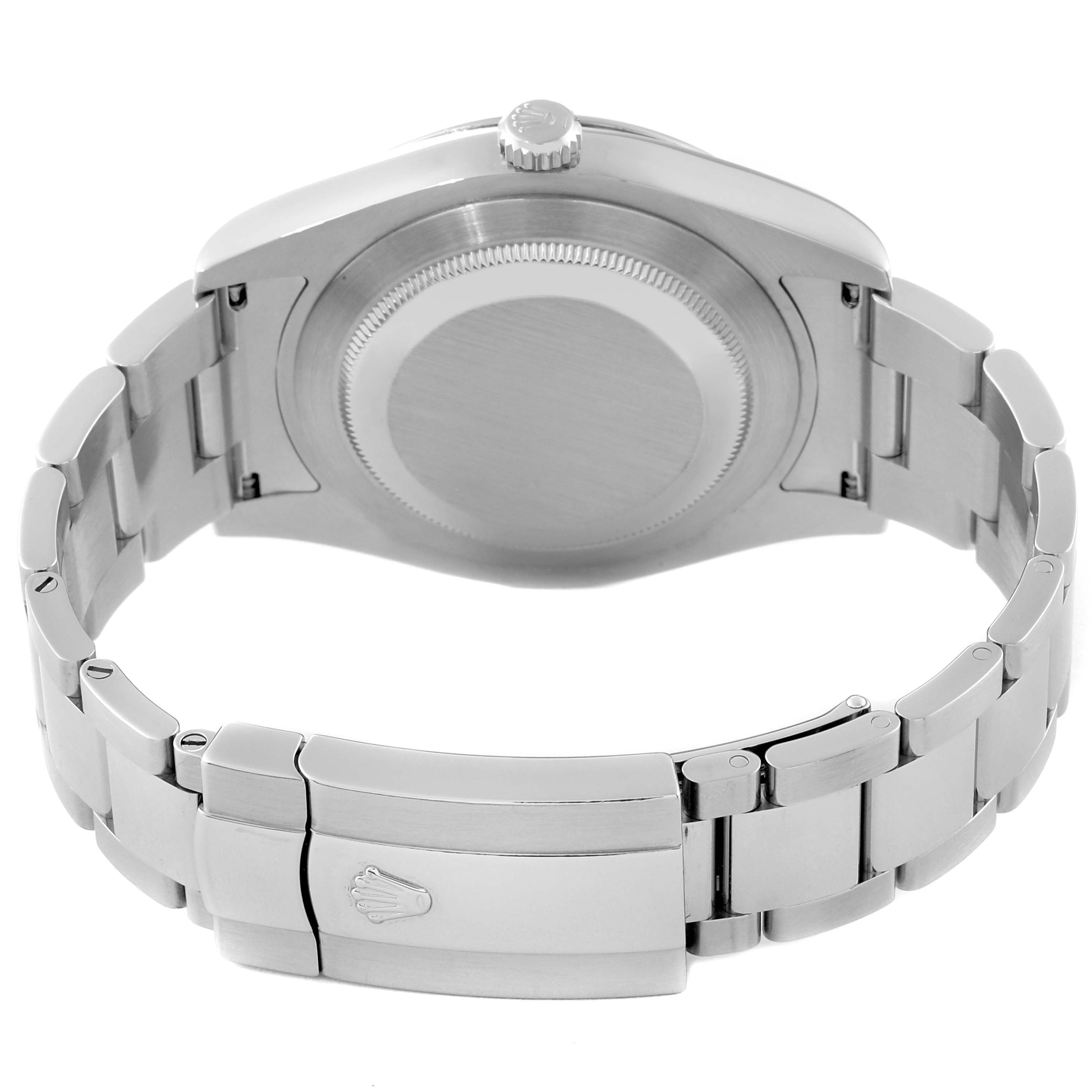 The image shows the back and clasp of a Rolex Datejust 41 116300 Men's Stainless Steel Black Dial 116300 Men's Stainless Steel Black Dial watch, highlighting its metal bracelet and Rolex emblem on the clasp.