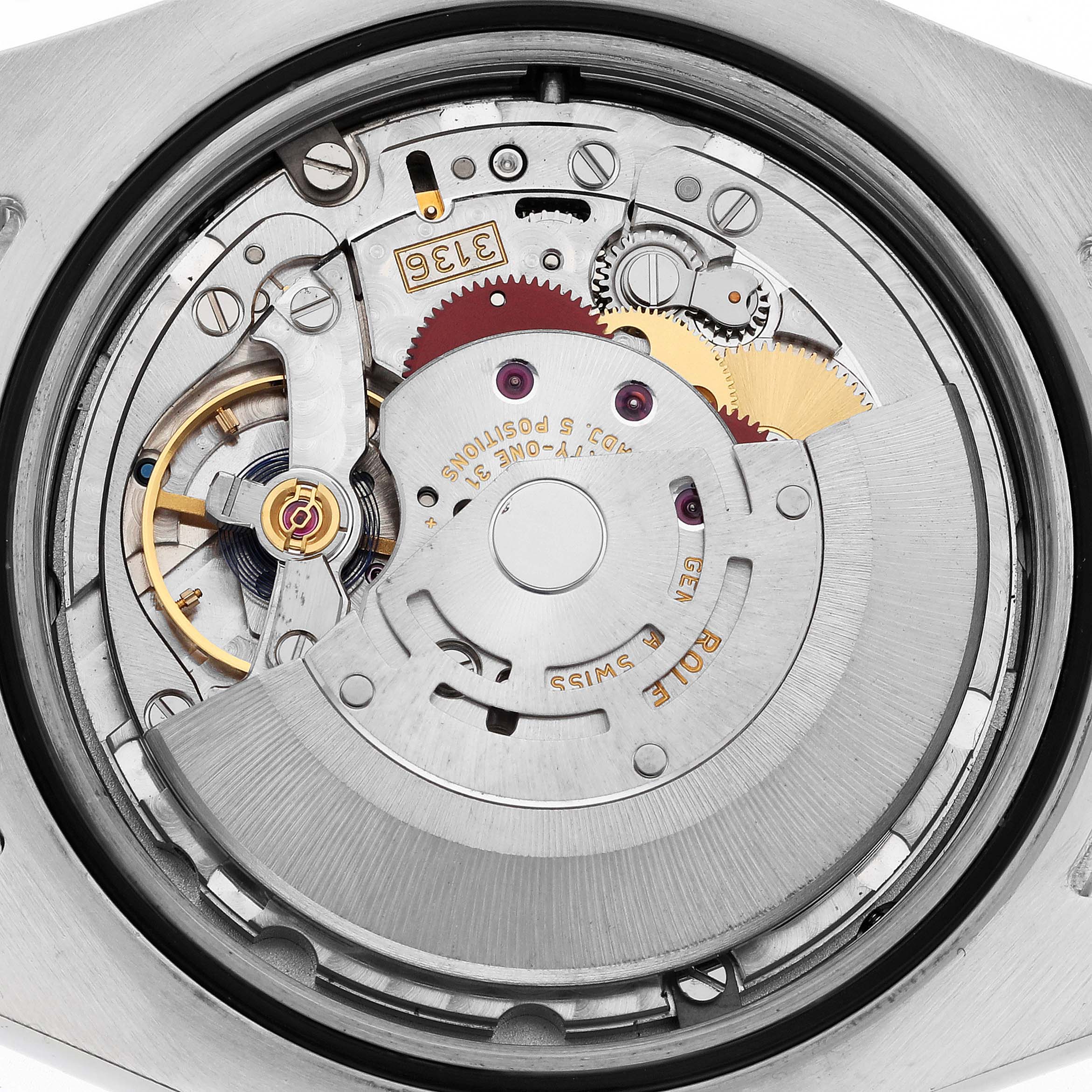 The image shows the internal movement of the Rolex Datejust 41 116300 Men's Stainless Steel Black Dial 116300 Men's Stainless Steel Black Dial, specifically the intricate components of the watch's mechanism.