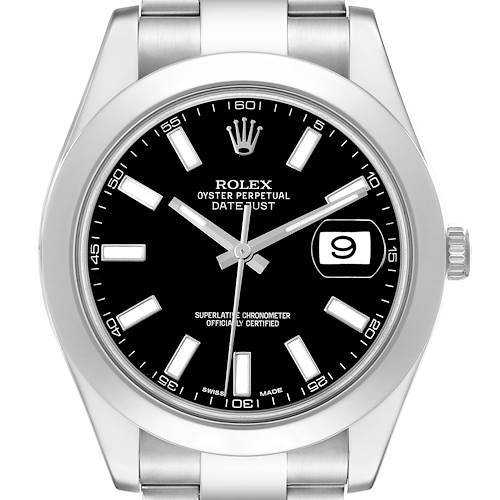 The image shows a front view of a Rolex Datejust 41 watch, highlighting its black dial, hour markers, and date display.