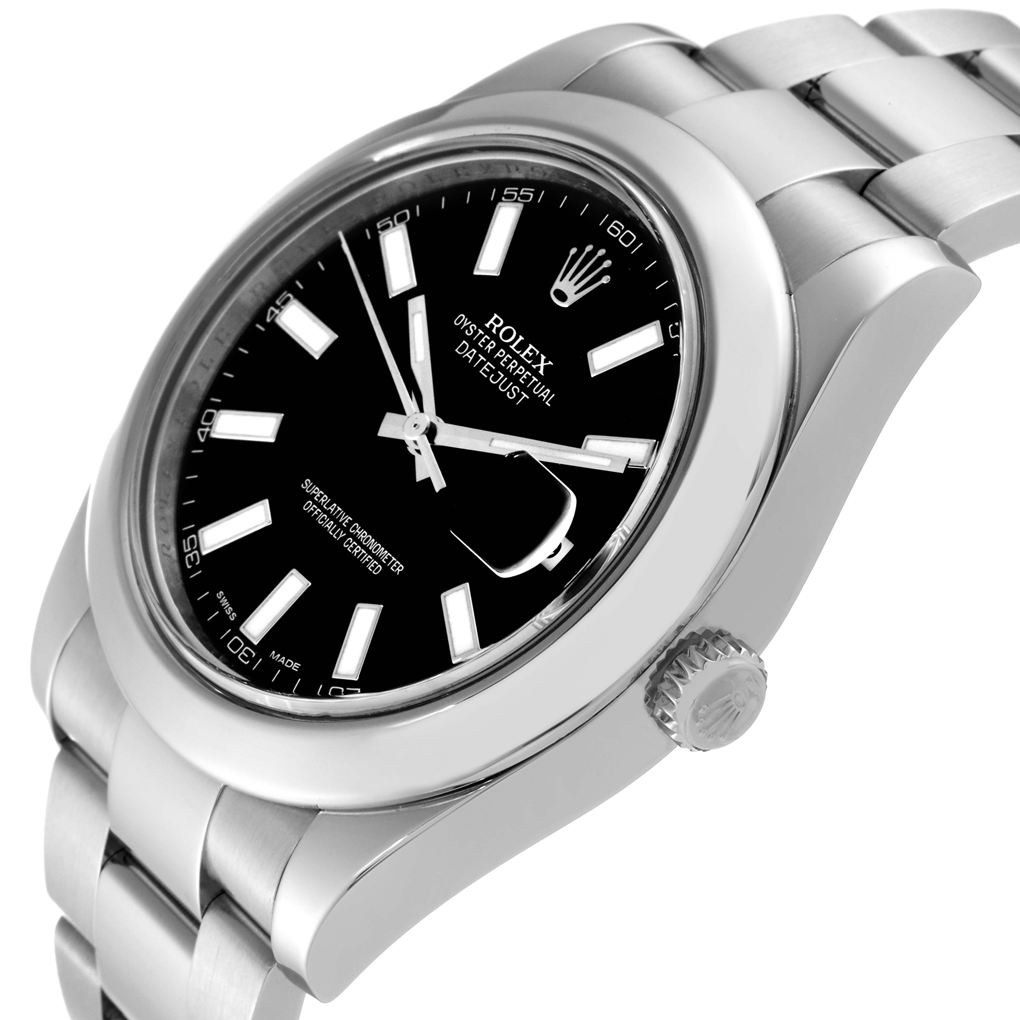The image shows a close-up of a Rolex Datejust 41 116300 Men's Stainless Steel Black Dial 116300 Men's Stainless Steel Black Dial model, focusing on the dial, crown, and a section of the bracelet at an oblique angle.