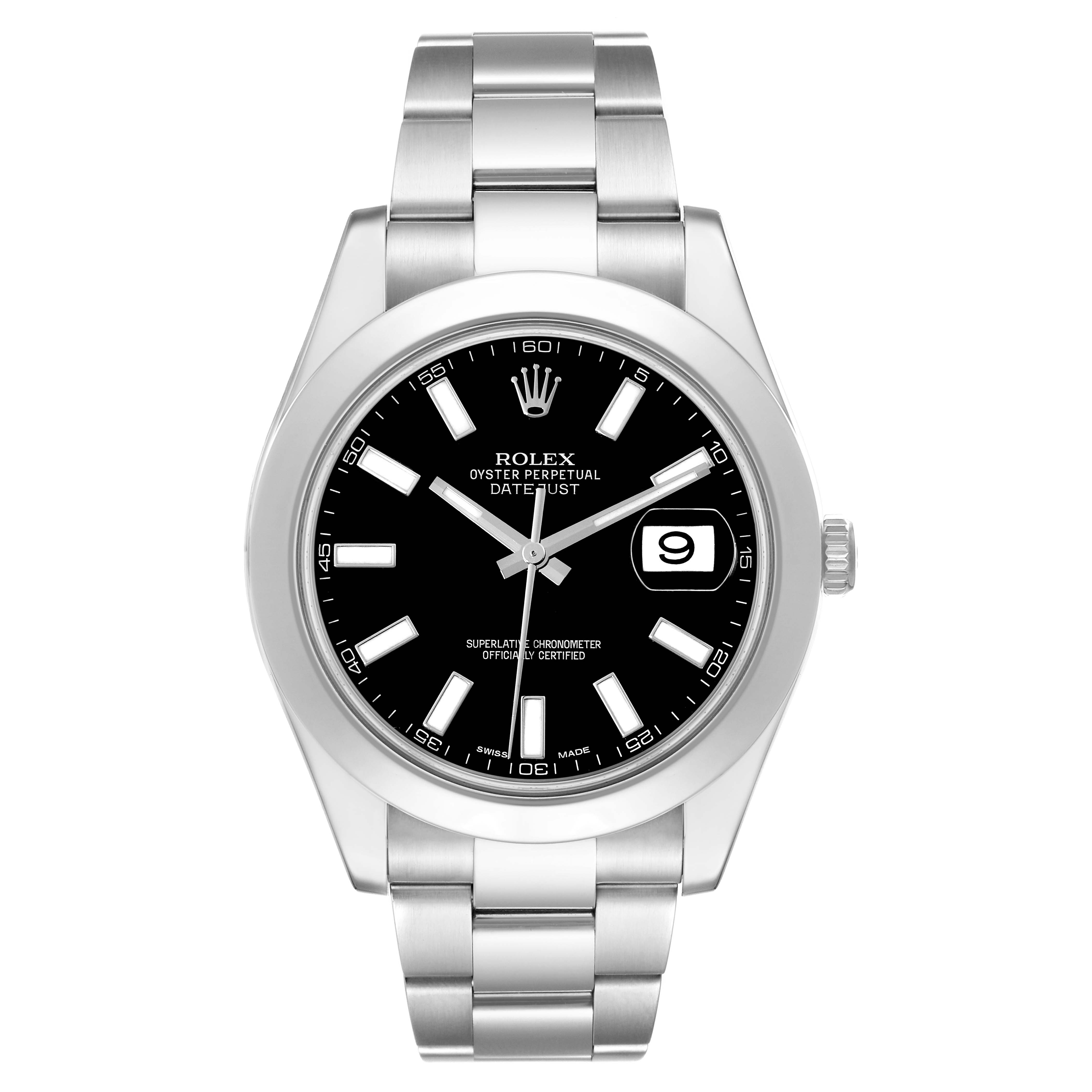 The image shows a front view of the Rolex Datejust 41 116300 Men's Stainless Steel Black Dial 116300 Men's Stainless Steel Black Dial watch, displaying the dial, bezel, and bracelet.