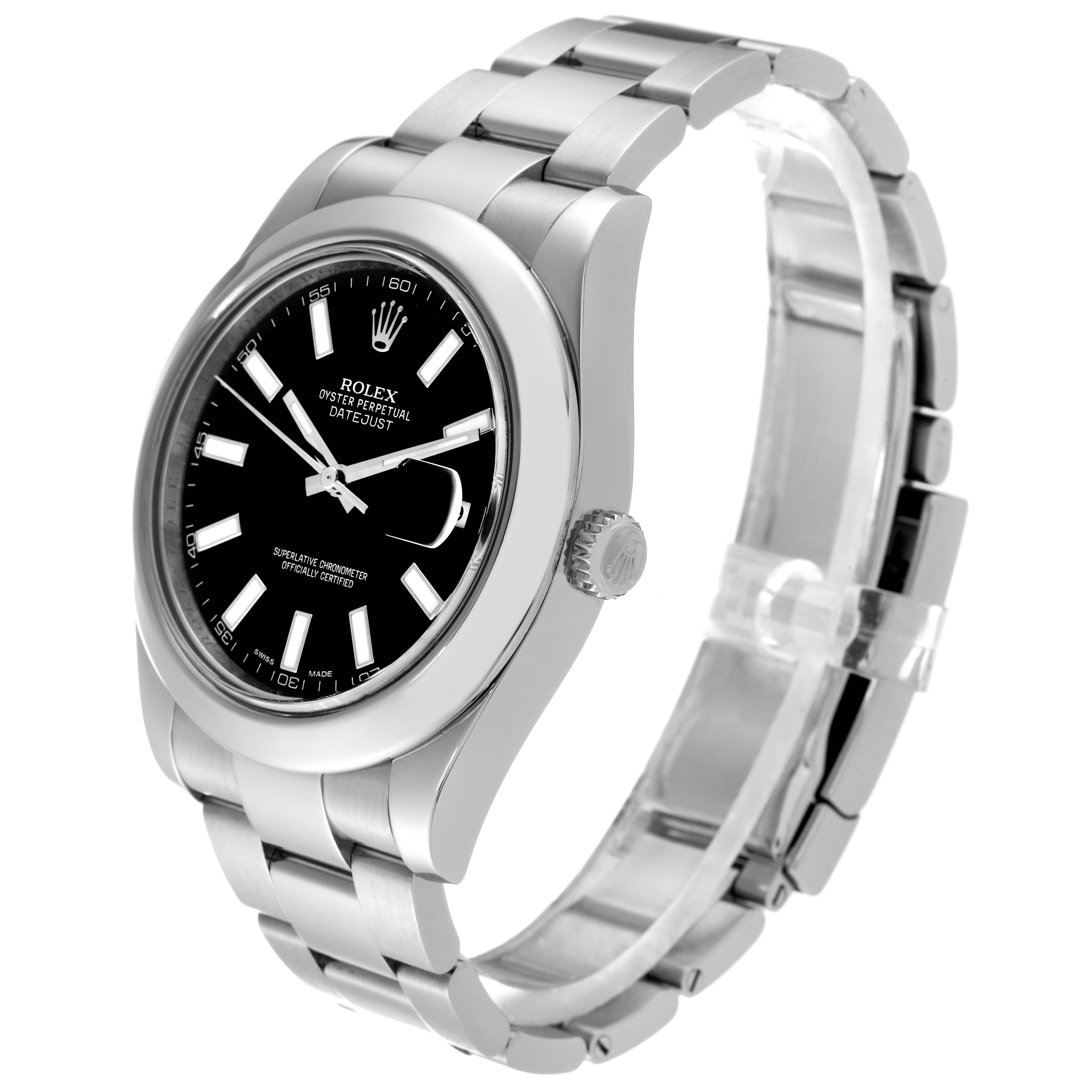 This image shows a Rolex Datejust 41 116300 Men's Stainless Steel Black Dial 116300 Men's Stainless Steel Black Dial watch from a three-quarter side angle, showcasing its black dial, case, and bracelet.