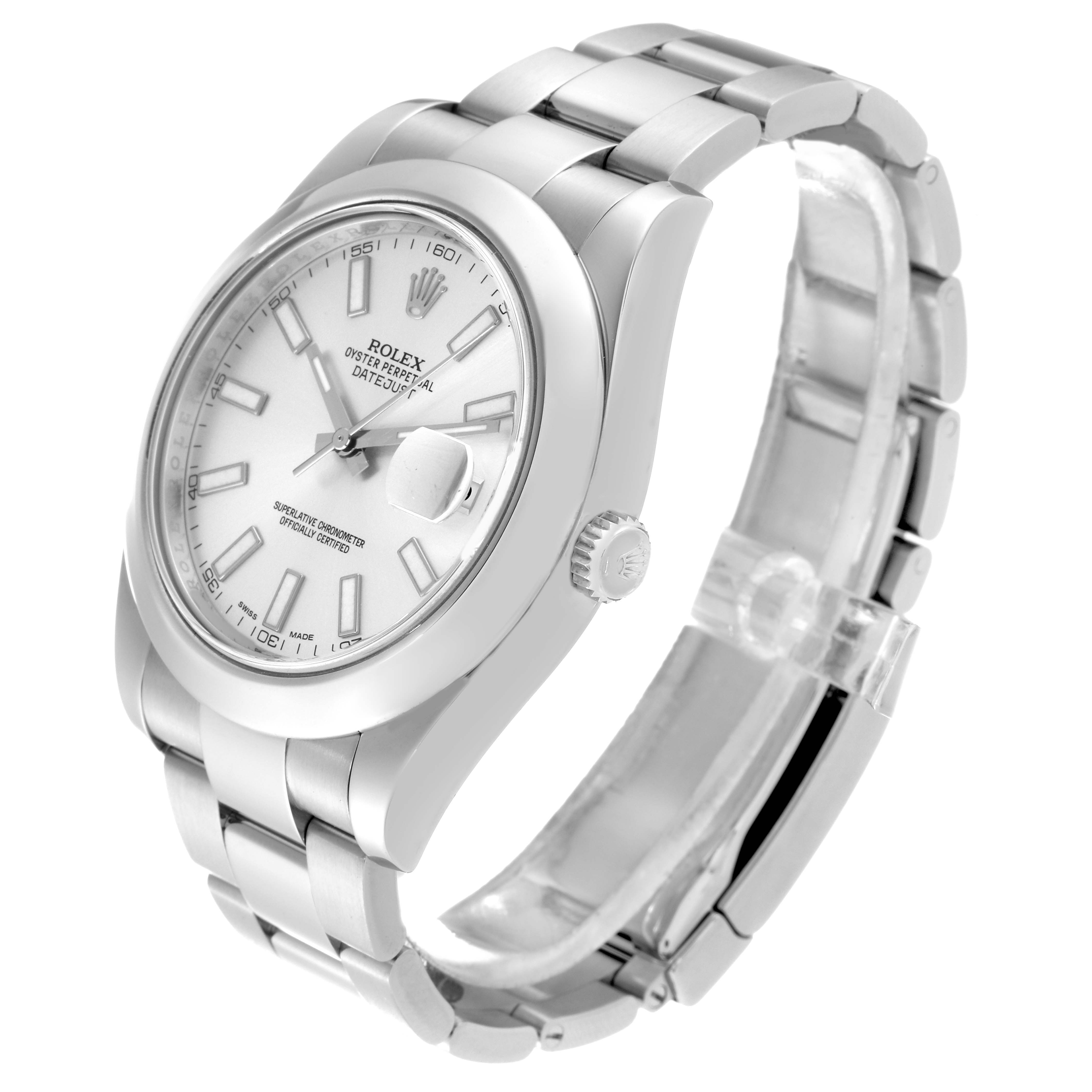 The image shows a side-angle view of the Rolex Datejust 41 116300 Men
s Stainless Steel Silver Dial 116300 Men
s Stainless Steel Silver Dial, highlighting the face, bezel, crown, and bracelet.