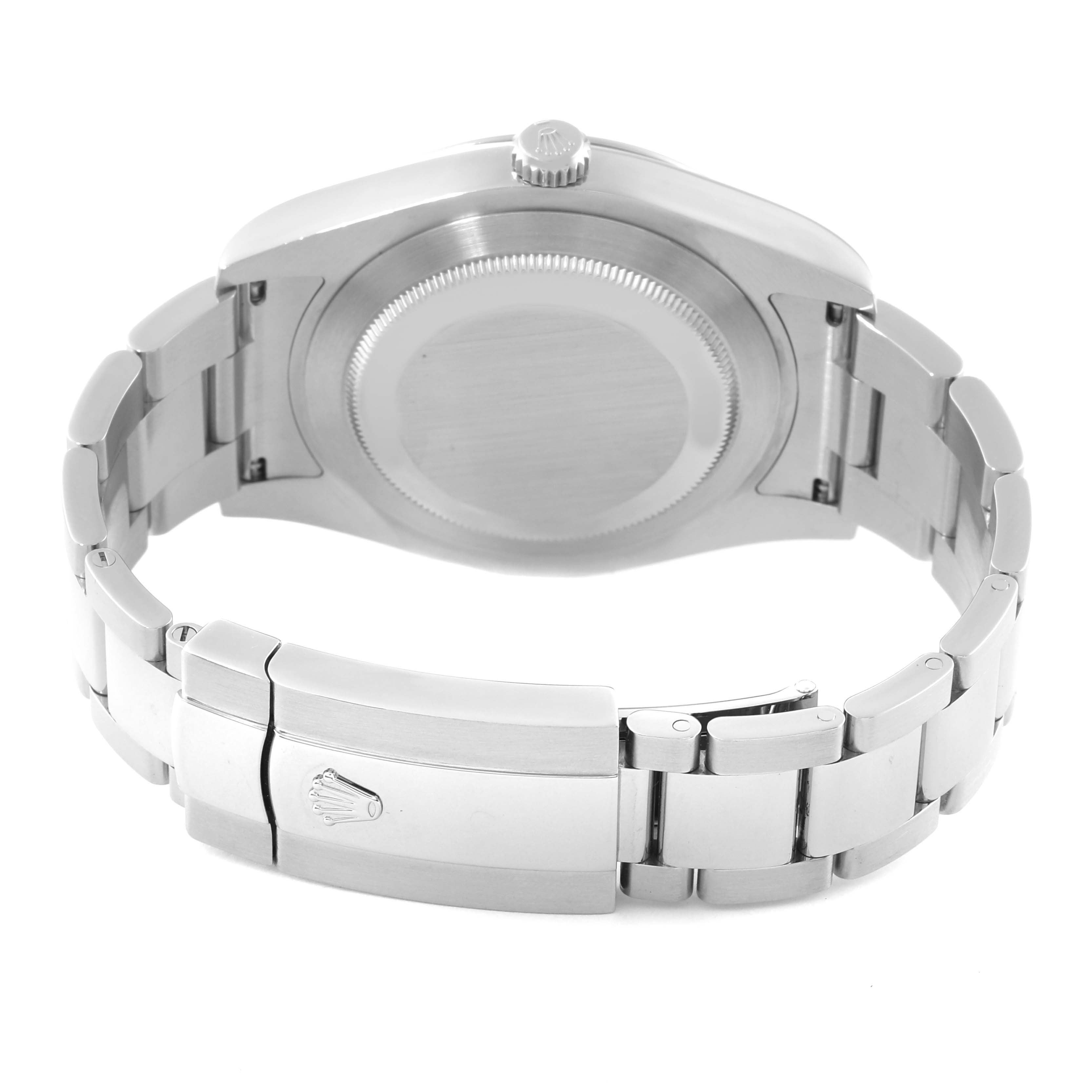 The image shows the back view and clasp of a Rolex Datejust 41 116300 Men
s Stainless Steel Silver Dial 116300 Men
s Stainless Steel Silver Dial model watch.