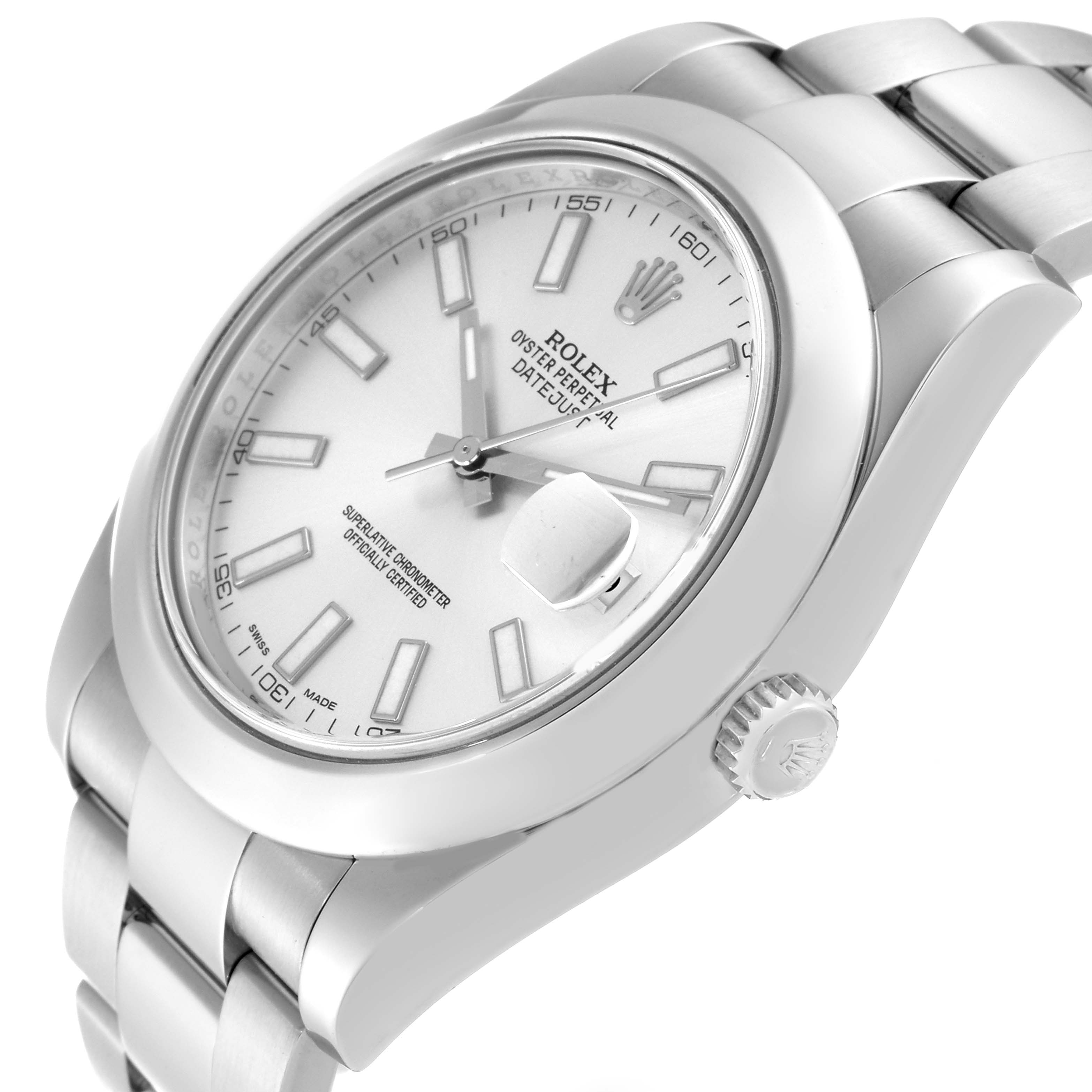 The image shows a Rolex Datejust 41 116300 Men
s Stainless Steel Silver Dial 116300 Men
s Stainless Steel Silver Dial watch at a right-side angle, showcasing the face, bezel, crown, and part of the bracelet.
