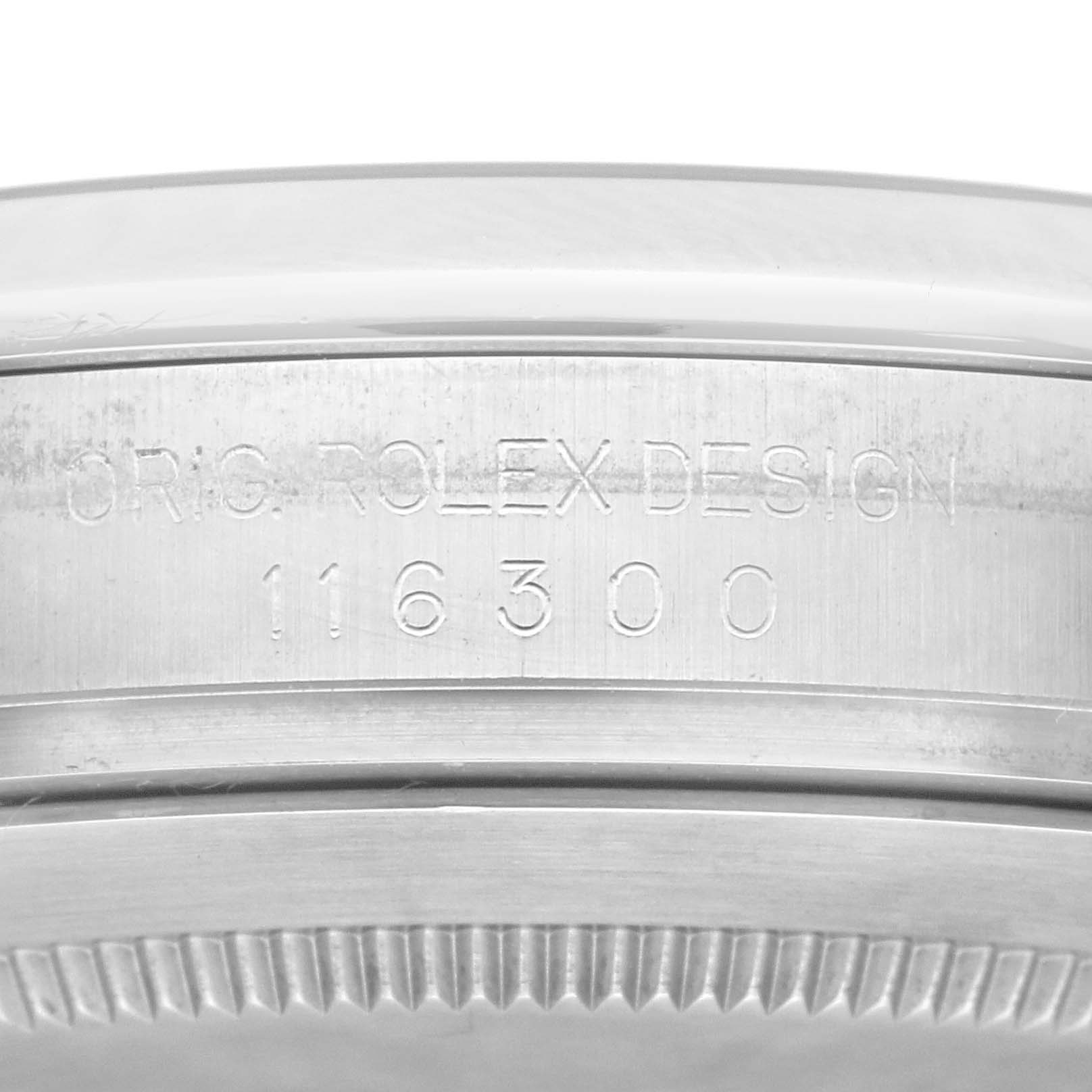 This image shows a close-up of the side of the case of a Rolex Datejust 41 116300 Men
s Stainless Steel Silver Dial 116300 Men
s Stainless Steel Silver Dial, featuring its engraved model number.