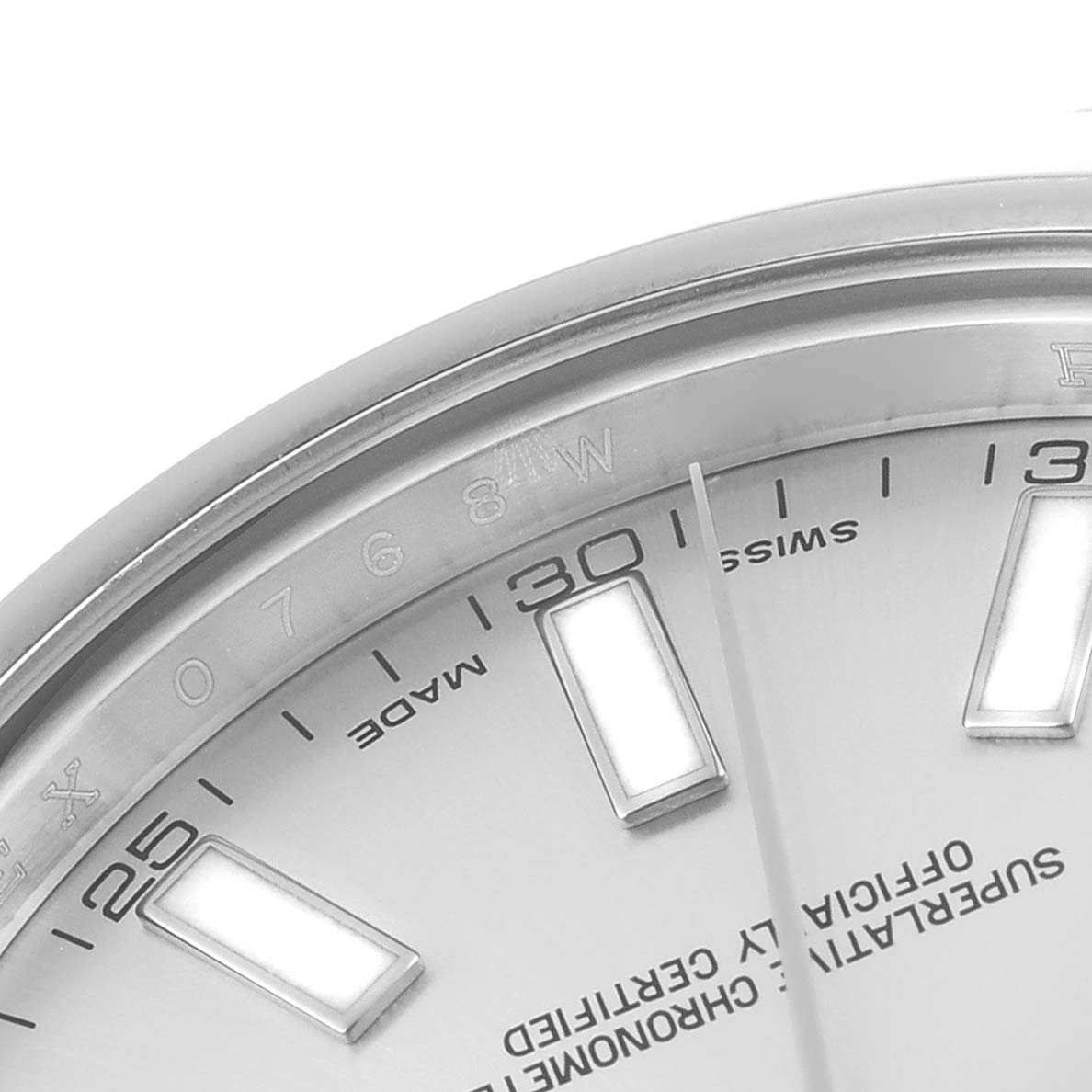 This close-up image shows part of the dial and hour markers of the Rolex Datejust 41 116300 Men
s Stainless Steel Silver Dial 116300 Men
s Stainless Steel Silver Dial watch.