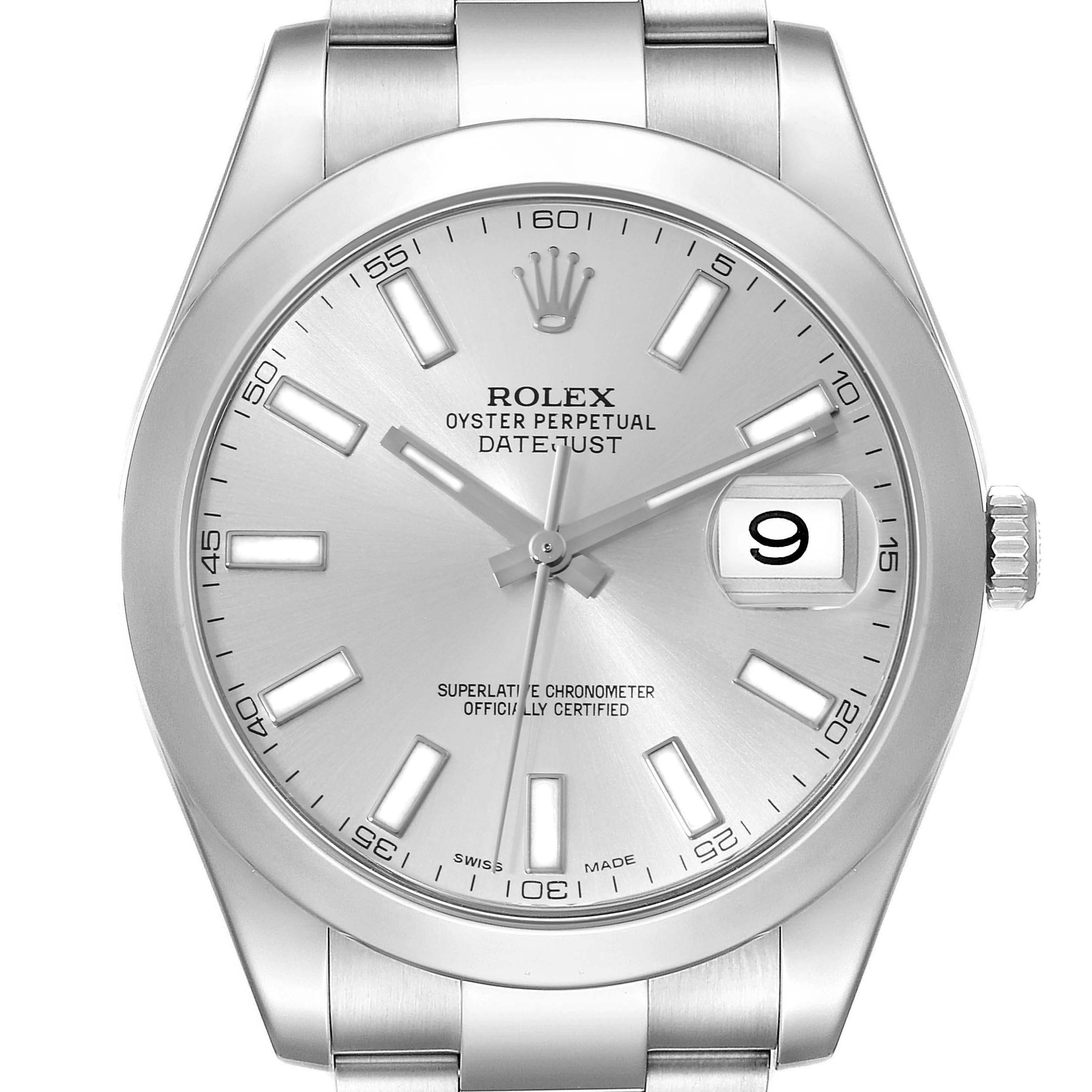 This image shows a close-up, front view of the Rolex Datejust 41 116300 Men
s Stainless Steel Silver Dial 116300 Men
s Stainless Steel Silver Dial watch, highlighting the dial, hands, date magnifier, and bezel.