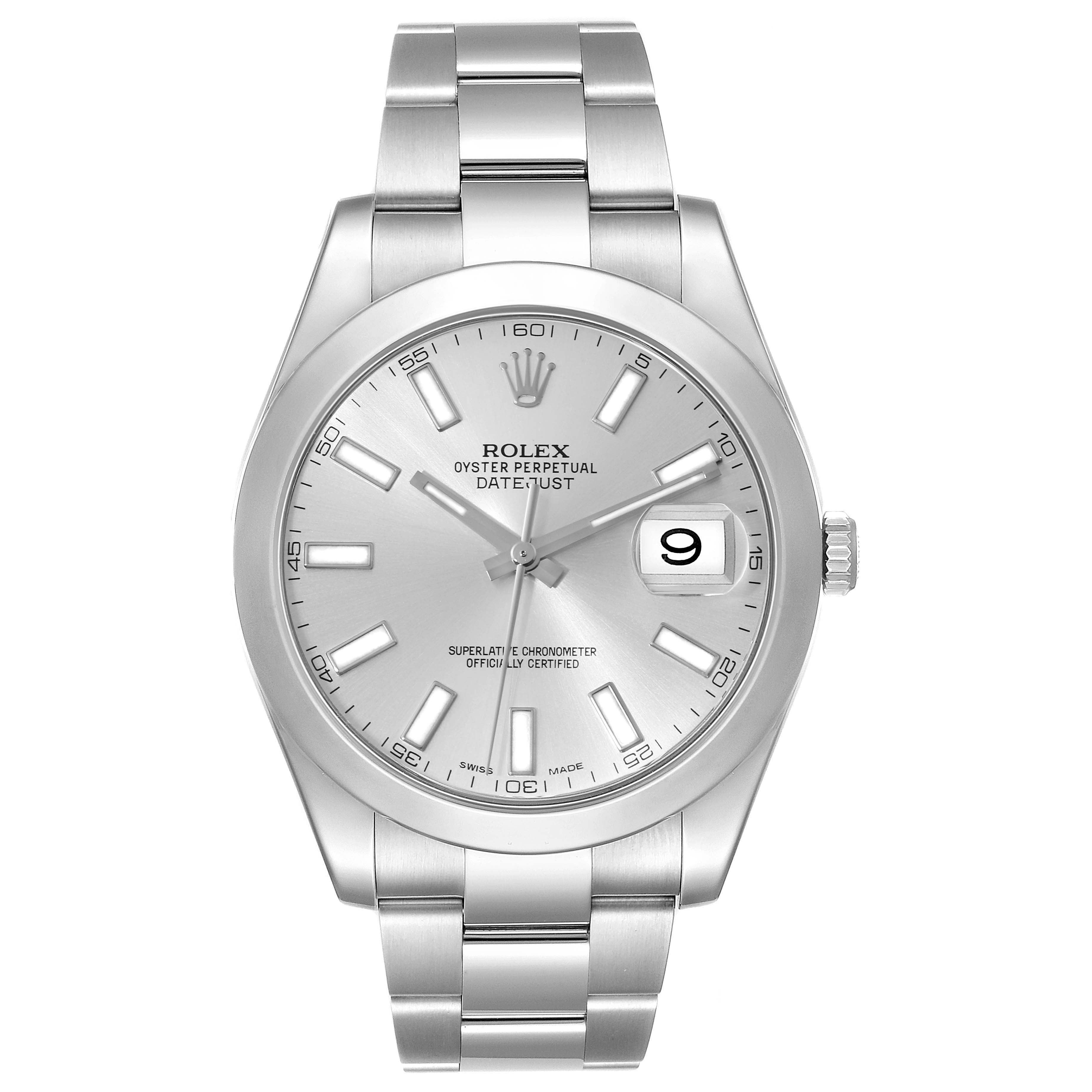 The front view of the Rolex Datejust 41 116300 Men
s Stainless Steel Silver Dial 116300 Men
s Stainless Steel Silver Dial watch shows its silver dial, stainless steel bracelet, and date display at 3 o
clock.