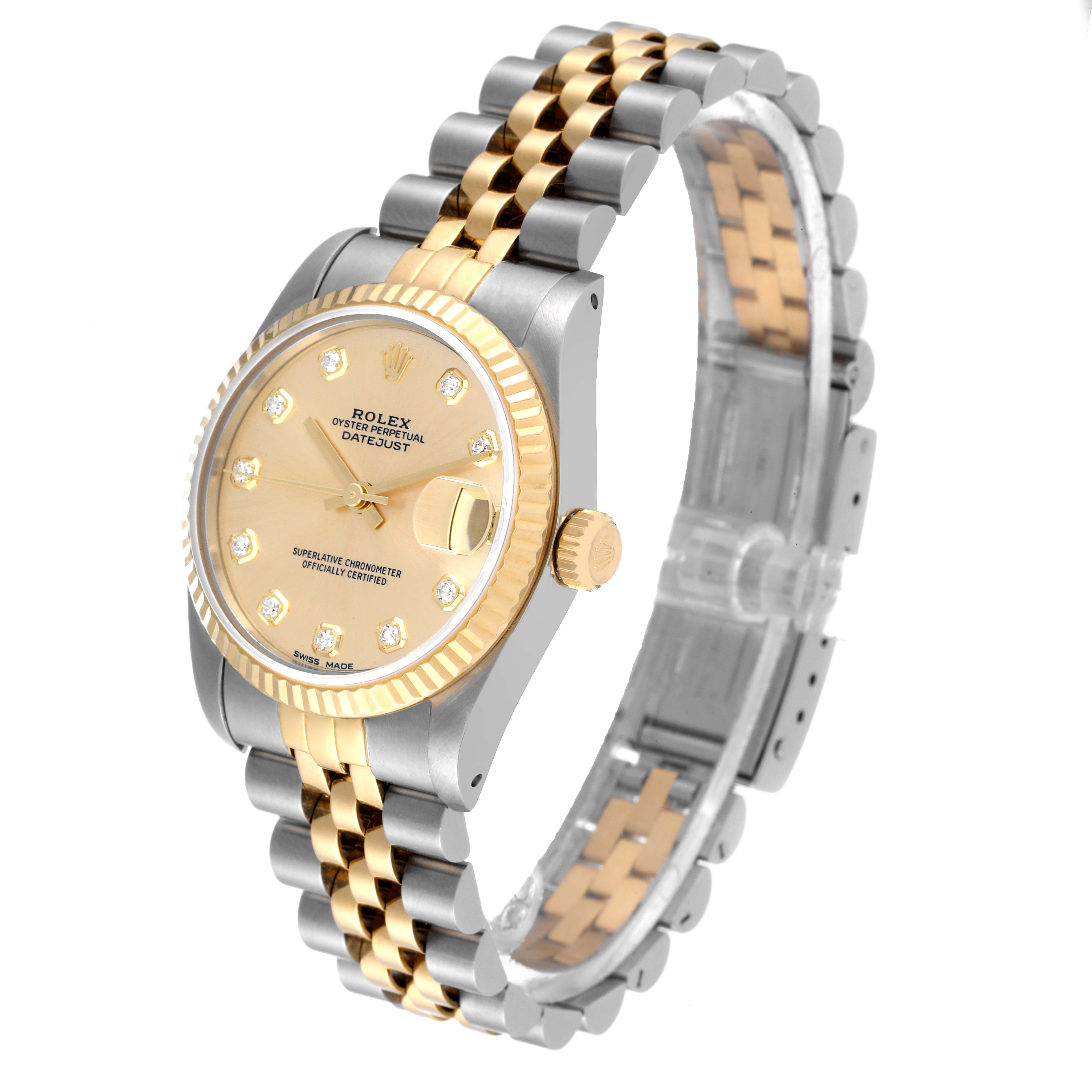 This image shows a side angle of the Rolex Mid-Size 68273 Women
s Steel and Gold (two tone) Champagne Dial 68273 Women
s Steel and Gold (two tone) Champagne Dial Datejust watch, highlighting the face, bezel, crown, and two-tone bracelet.