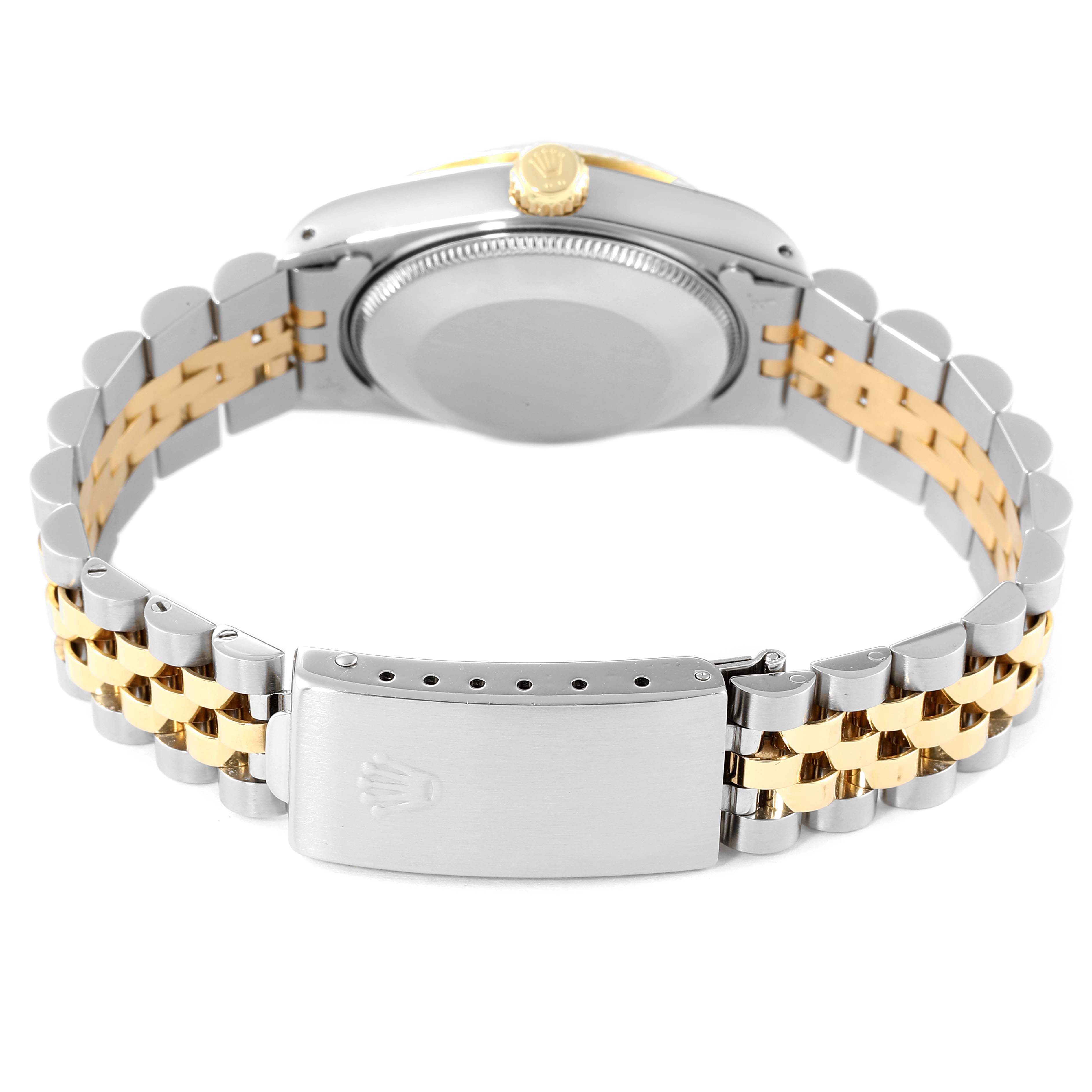 The image shows the backside of a Rolex Mid-Size 68273 Women
s Steel and Gold (two tone) Champagne Dial 68273 Women
s Steel and Gold (two tone) Champagne Dial watch, highlighting the case back, crown, and metal bracelet clasp.