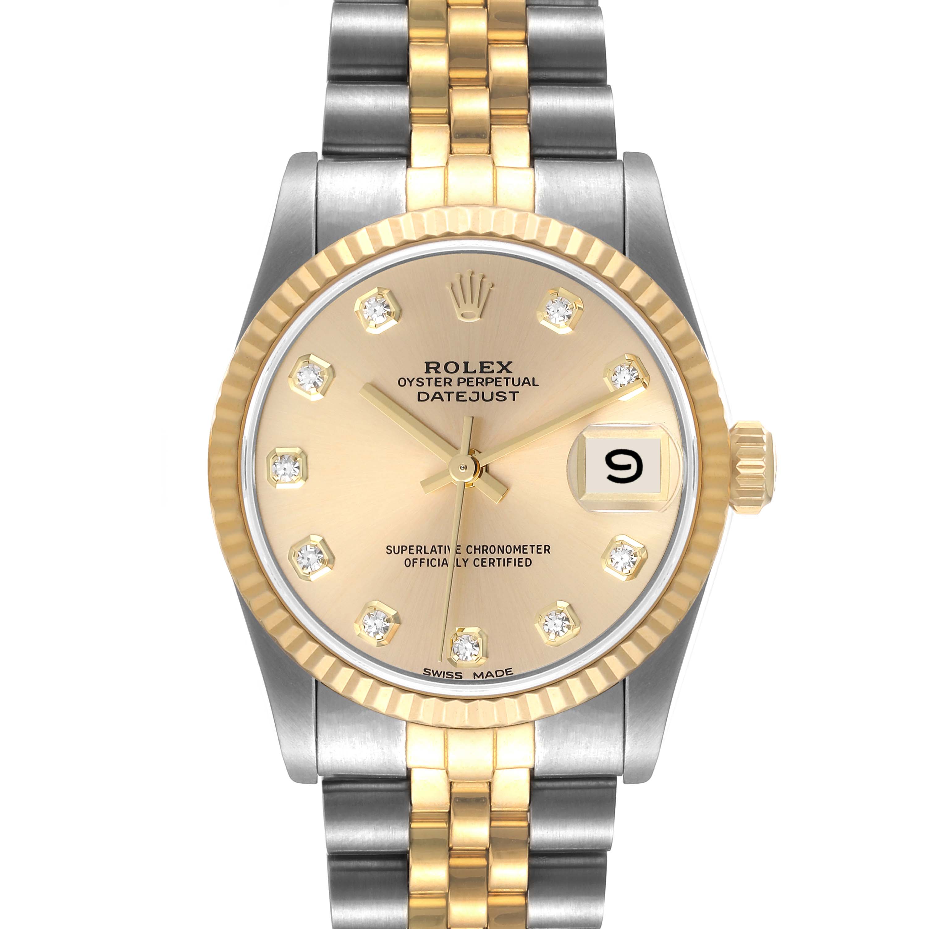 This image shows a front view of a Rolex Datejust Mid-Size watch featuring a two-tone bracelet and a champagne dial with diamond hour markers.