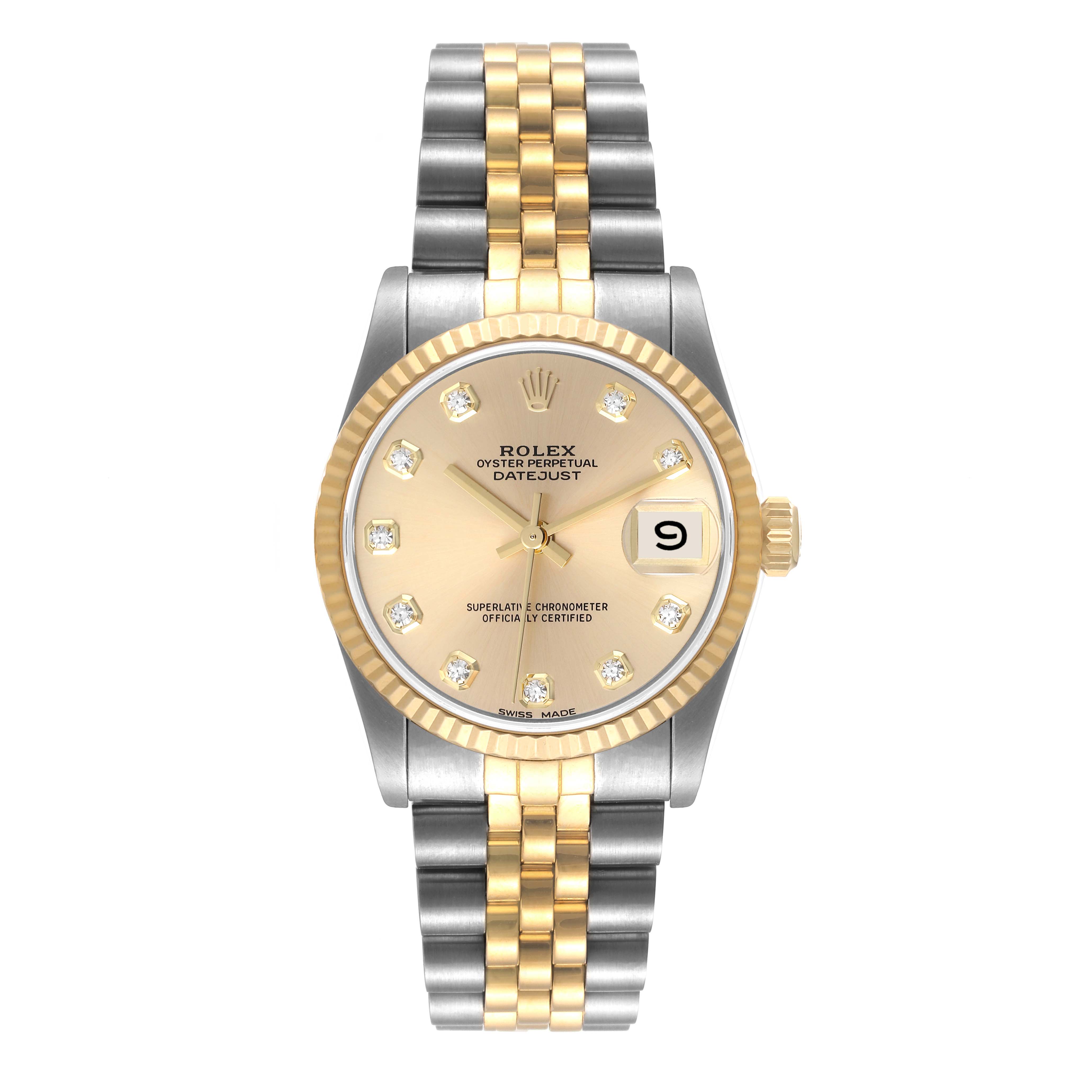 This image shows a front-facing view of a Rolex Oyster Perpetual Datejust Mid-Size watch with a two-tone bracelet and diamond markers.