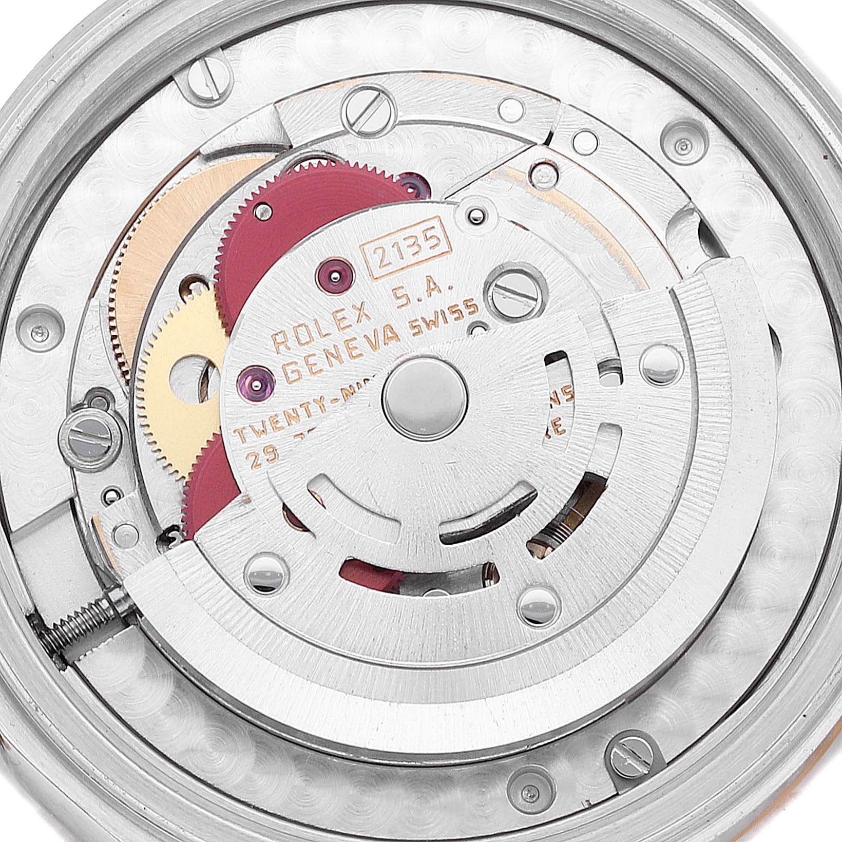 This image shows a close-up of the movement and internal components of a mid-size Rolex watch model.