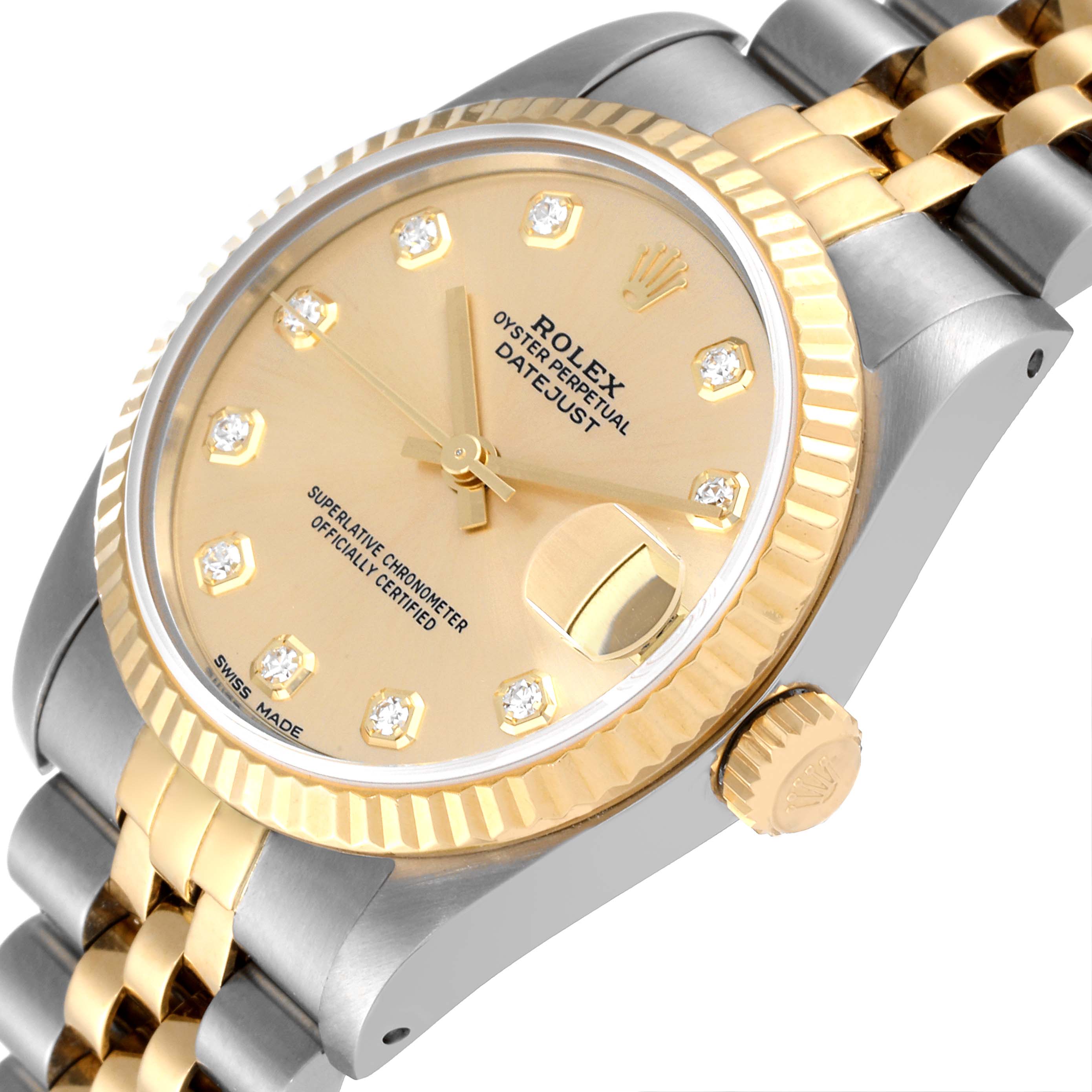 The image shows a Rolex Datejust Mid-Size watch at an angle, highlighting its gold dial, bezel, and two-tone bracelet.