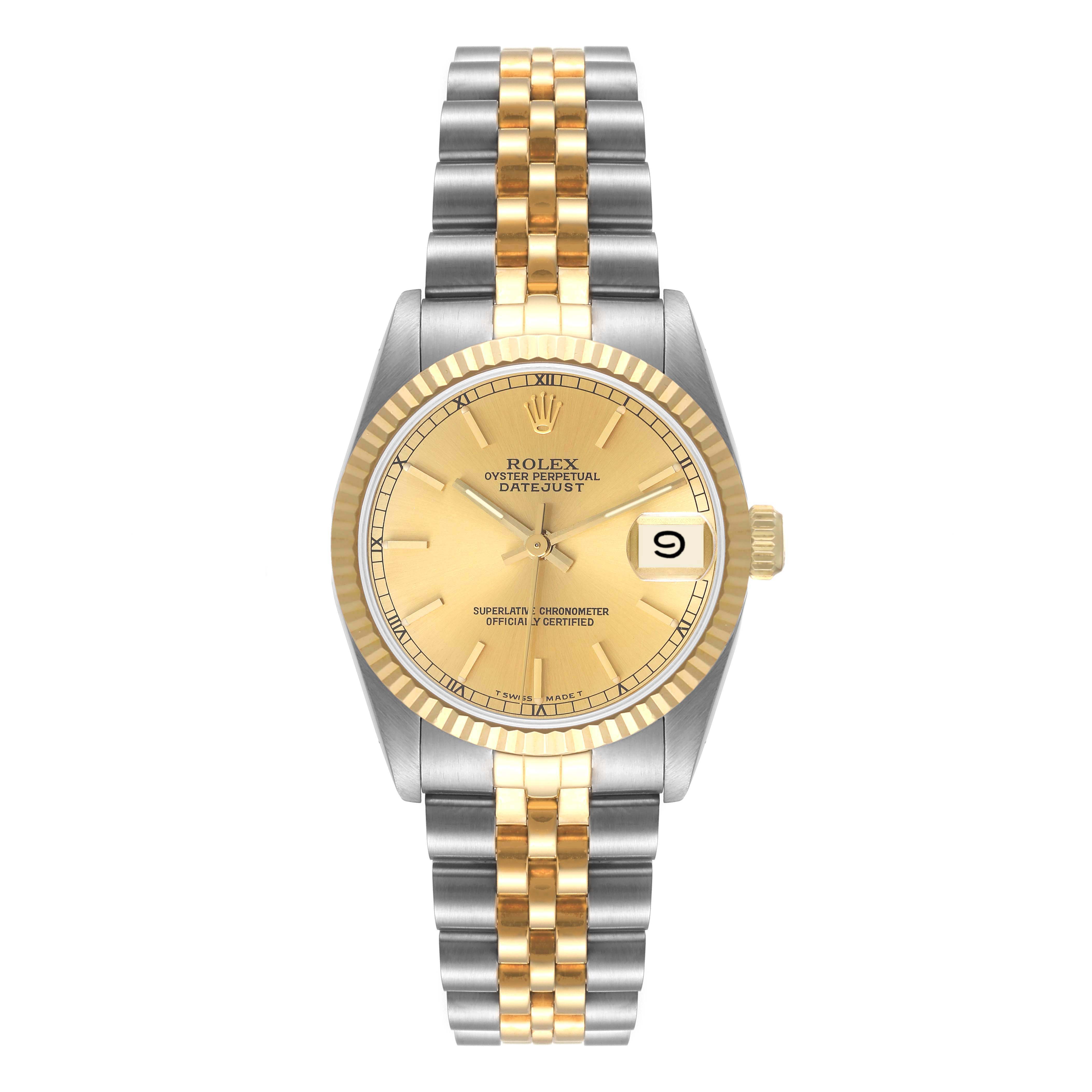 This is a front view of the Rolex Mid-Size 68273 Women
s Steel and Gold (two tone) Champagne Dial 68273 Women
s Steel and Gold (two tone) Champagne Dial Datejust watch showing the dial, bezel, and two-tone bracelet.