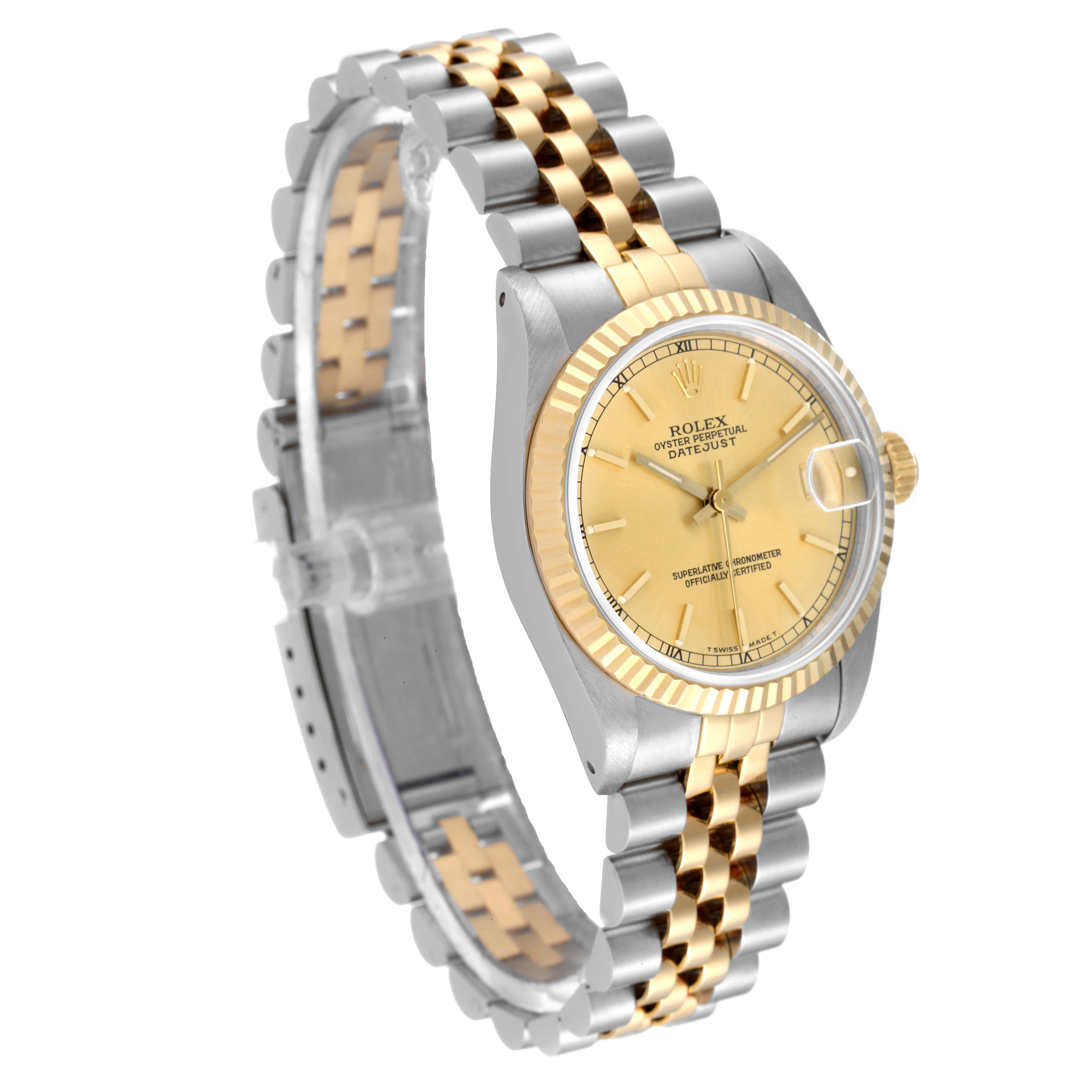 The angle shows a side and front view of the Rolex Mid-Size 68273 Women
s Steel and Gold (two tone) Champagne Dial 68273 Women
s Steel and Gold (two tone) Champagne Dial Datejust watch, displaying the dial, bezel, and two-toned bracelet.
