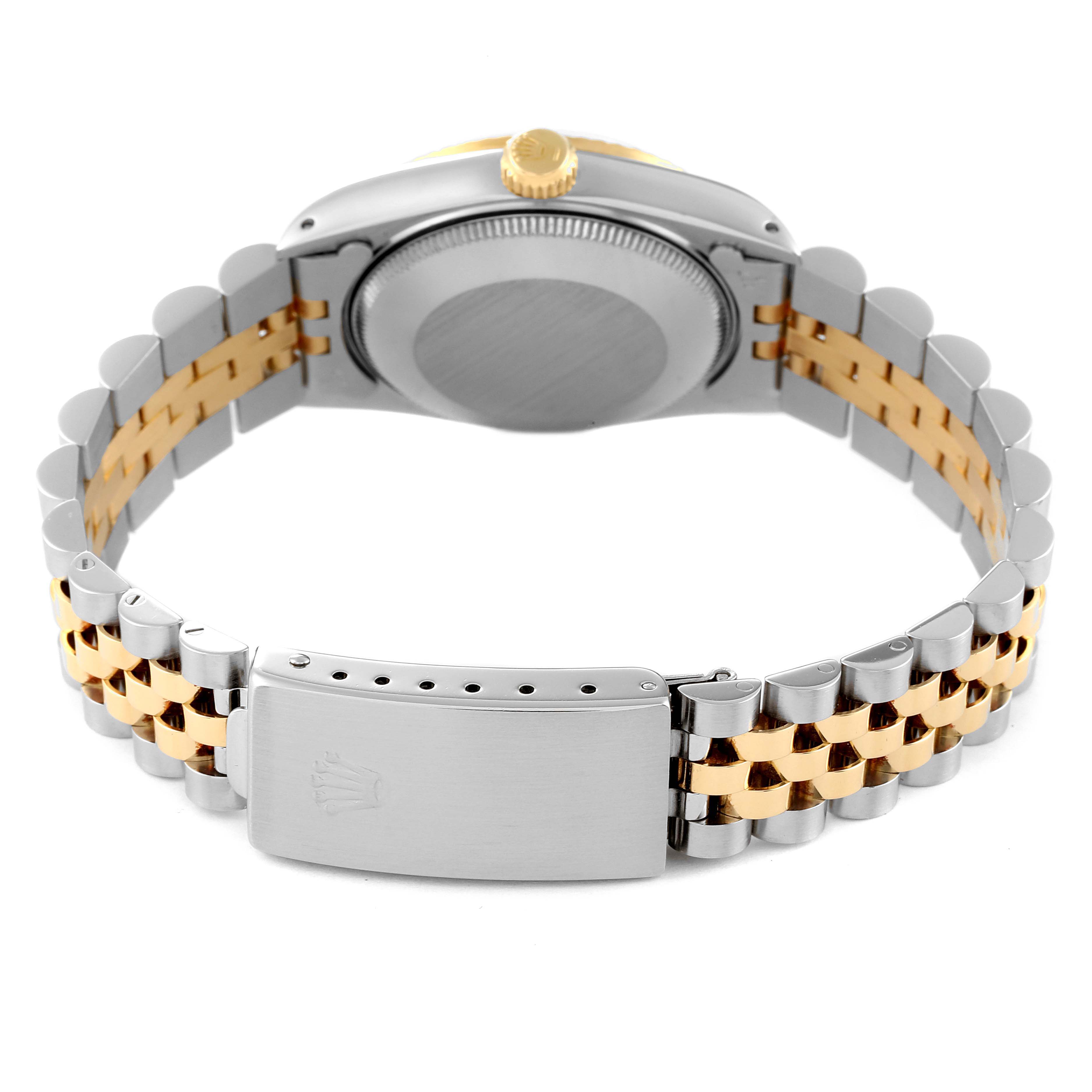 The image shows the back view of a Rolex Mid-Size 68273 Women
s Steel and Gold (two tone) Champagne Dial 68273 Women
s Steel and Gold (two tone) Champagne Dial watch, highlighting the crown, case back, and two-tone bracelet and clasp.