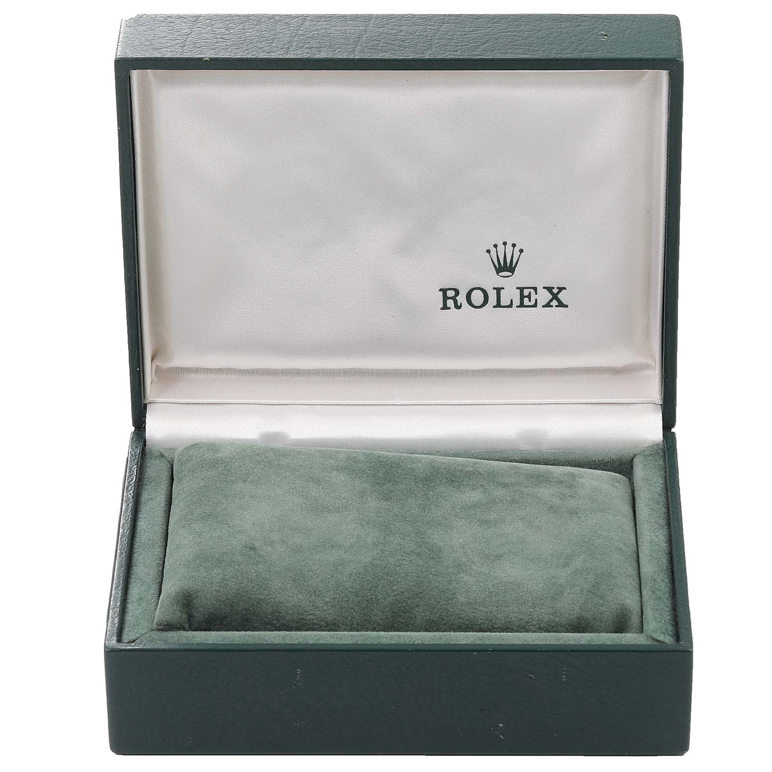The image shows an open Rolex watch box for a Mid-Size model, displaying the brand logo inside the lid.