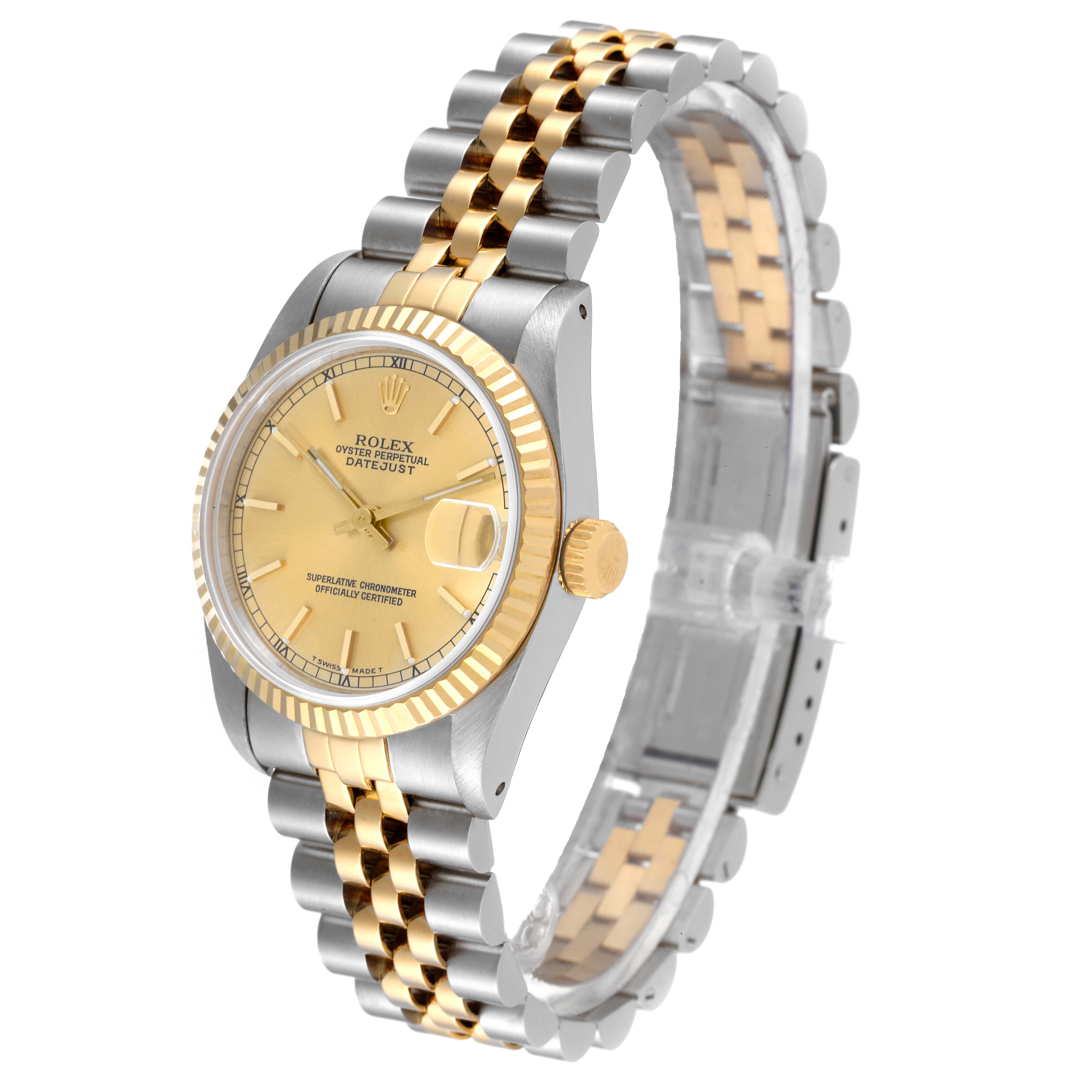 The Rolex Mid-Size 68273 Women
s Steel and Gold (two tone) Champagne Dial 68273 Women
s Steel and Gold (two tone) Champagne Dial model is shown at a three-quarter angle, displaying its gold and silver bracelet, face, crown, and fluted bezel.