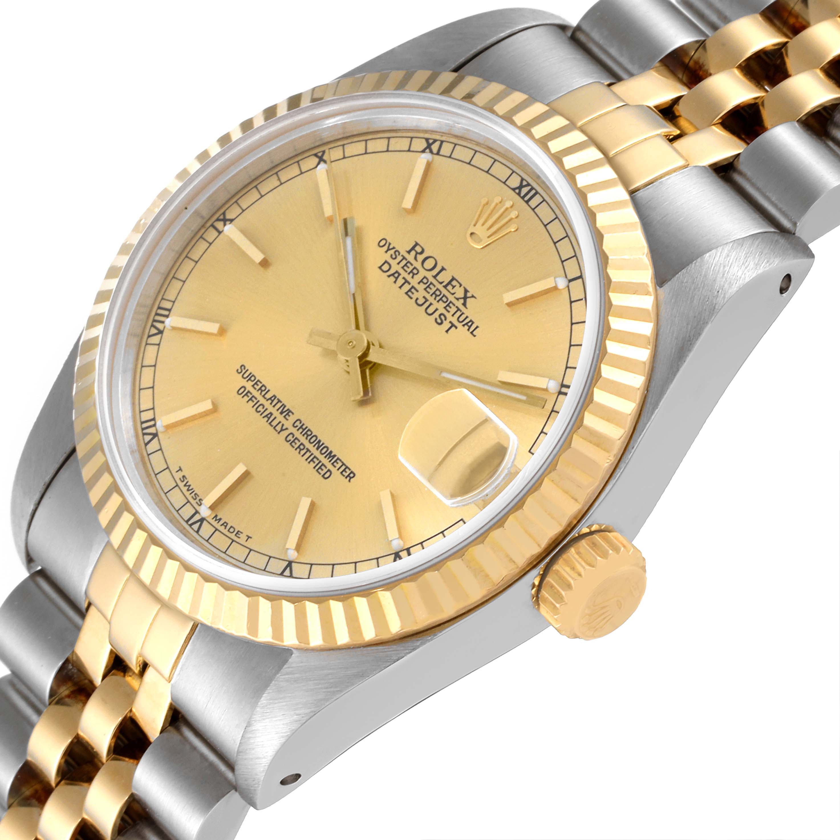 The image shows a close-up angle of a Rolex Oyster Perpetual Datejust Mid-Size model, featuring the dial, bezel, crown, and part of the bracelet.