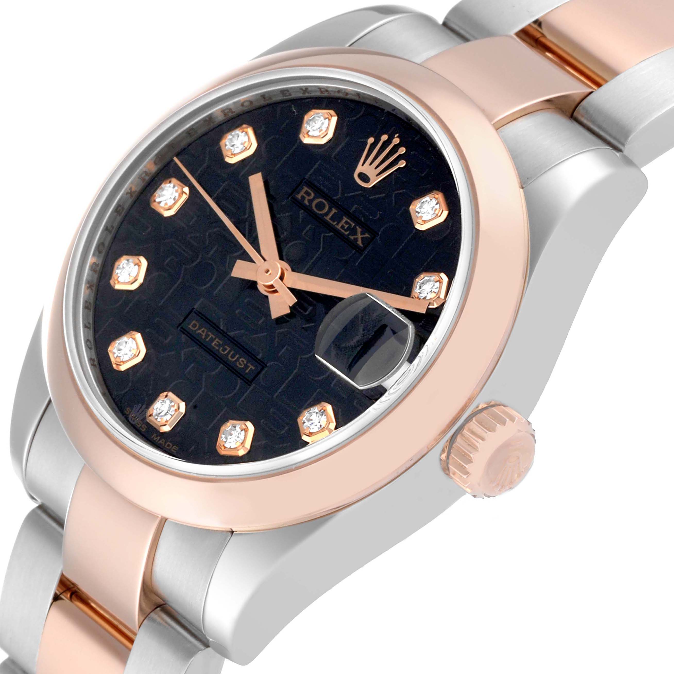 The Rolex Mid-Size 178241 Women's Steel and Gold (two tone) Black Dial 178241 Women's Steel and Gold (two tone) Black Dial watch is shown at a slight angle, highlighting its dial, bezel, crown, and part of the bracelet.