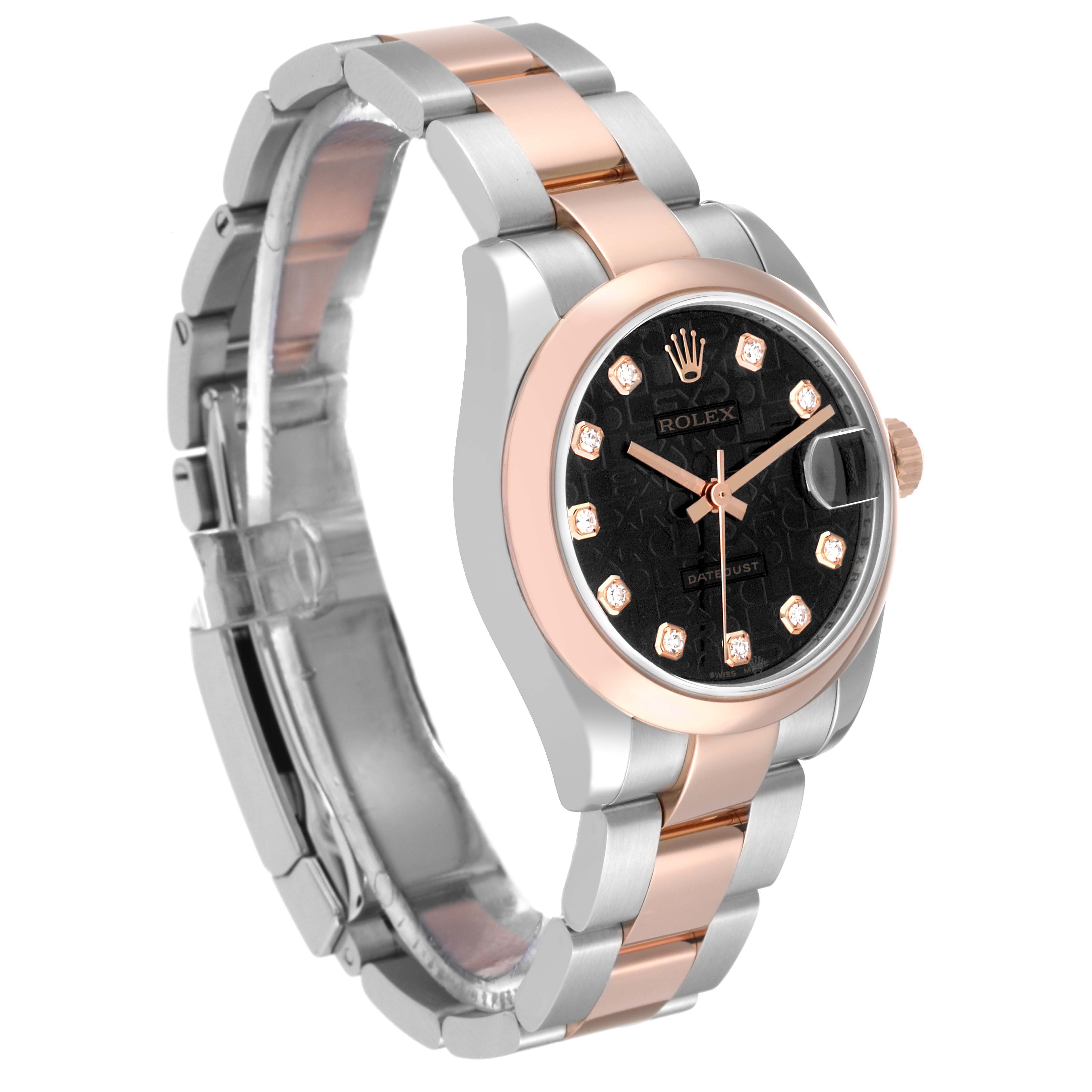 The Rolex Mid-Size 178241 Women's Steel and Gold (two tone) Black Dial 178241 Women's Steel and Gold (two tone) Black Dial watch is shown from an angled side view, highlighting the case, bezel, bracelet, and dial.