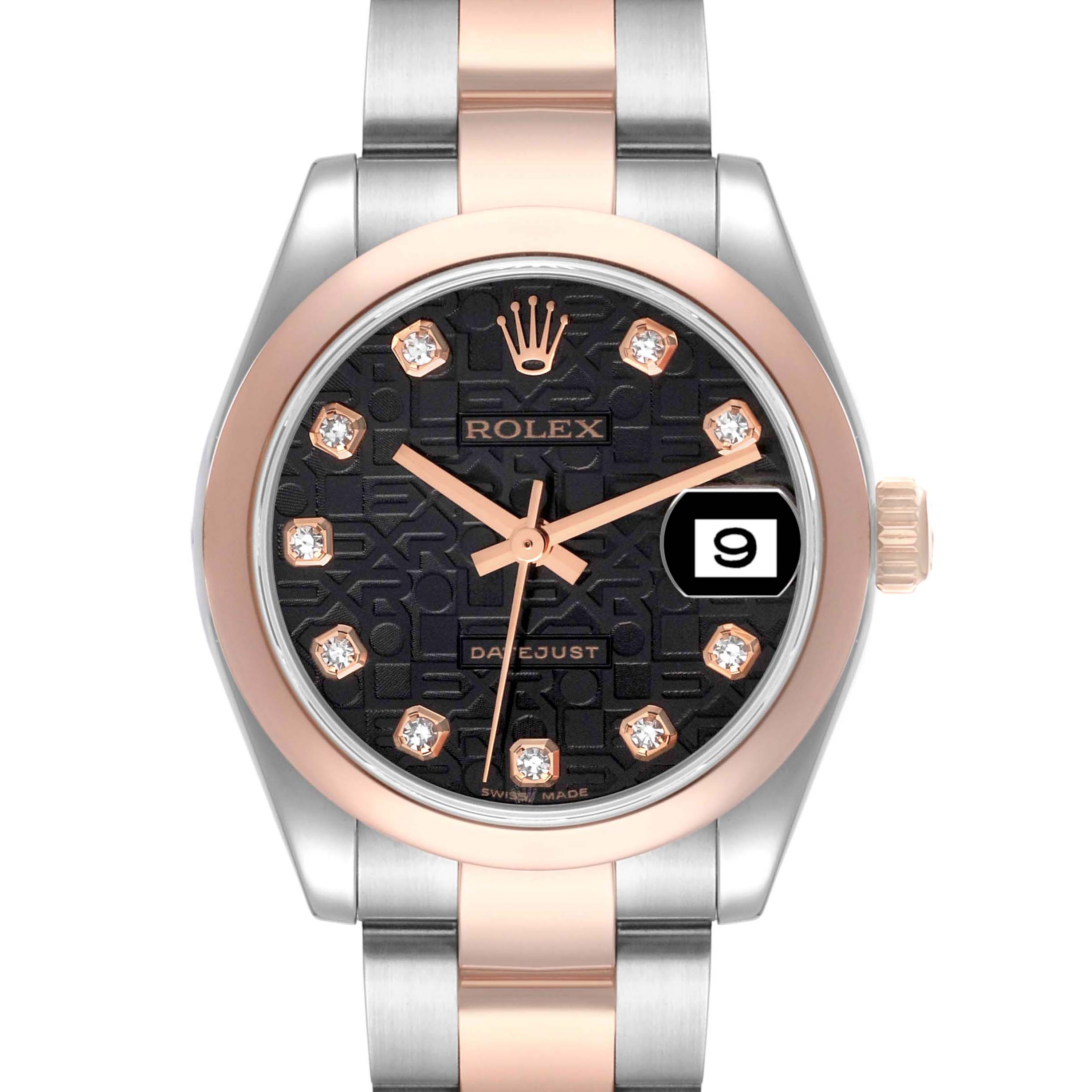 The Rolex Mid-Size 178241 Women's Steel and Gold (two tone) Black Dial 178241 Women's Steel and Gold (two tone) Black Dial watch is shown from the front, displaying the dial, bezel, crown, and part of the bracelet.