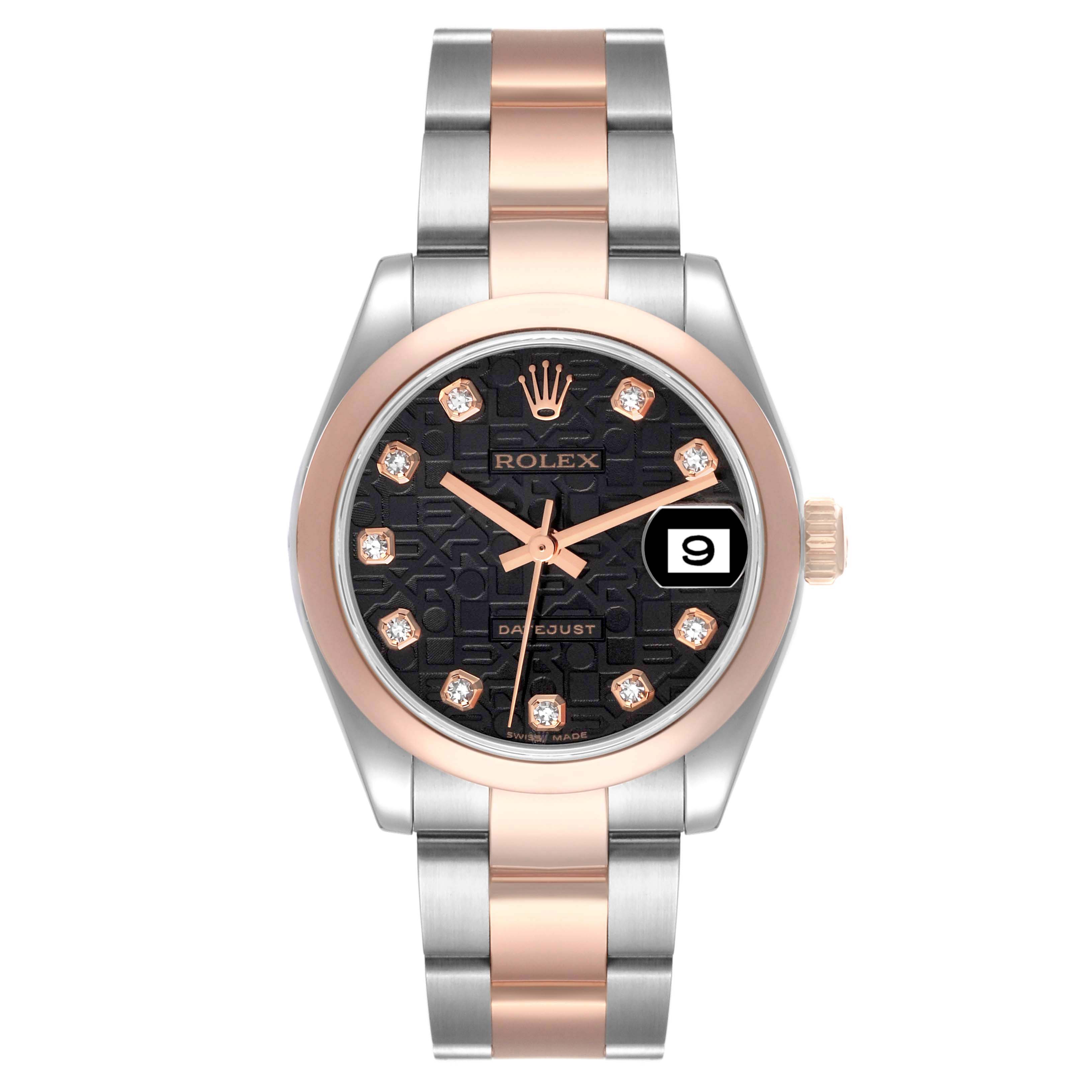 The Rolex Mid-Size 178241 Women's Steel and Gold (two tone) Black Dial 178241 Women's Steel and Gold (two tone) Black Dial watch is shown from a front angle, displaying the face, bezel, and bracelet.