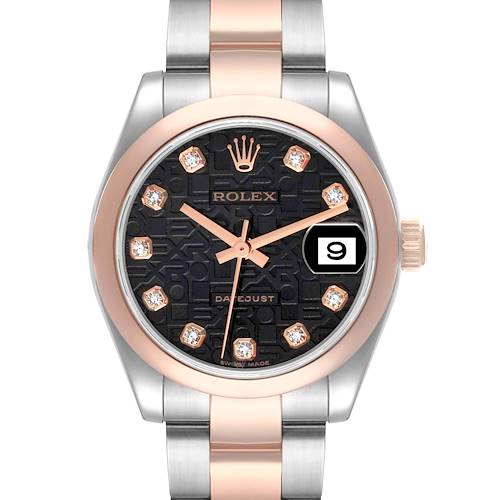 The Rolex Datejust Mid-Size watch is shown from the front, highlighting the dial, bezel, and part of the bracelet.