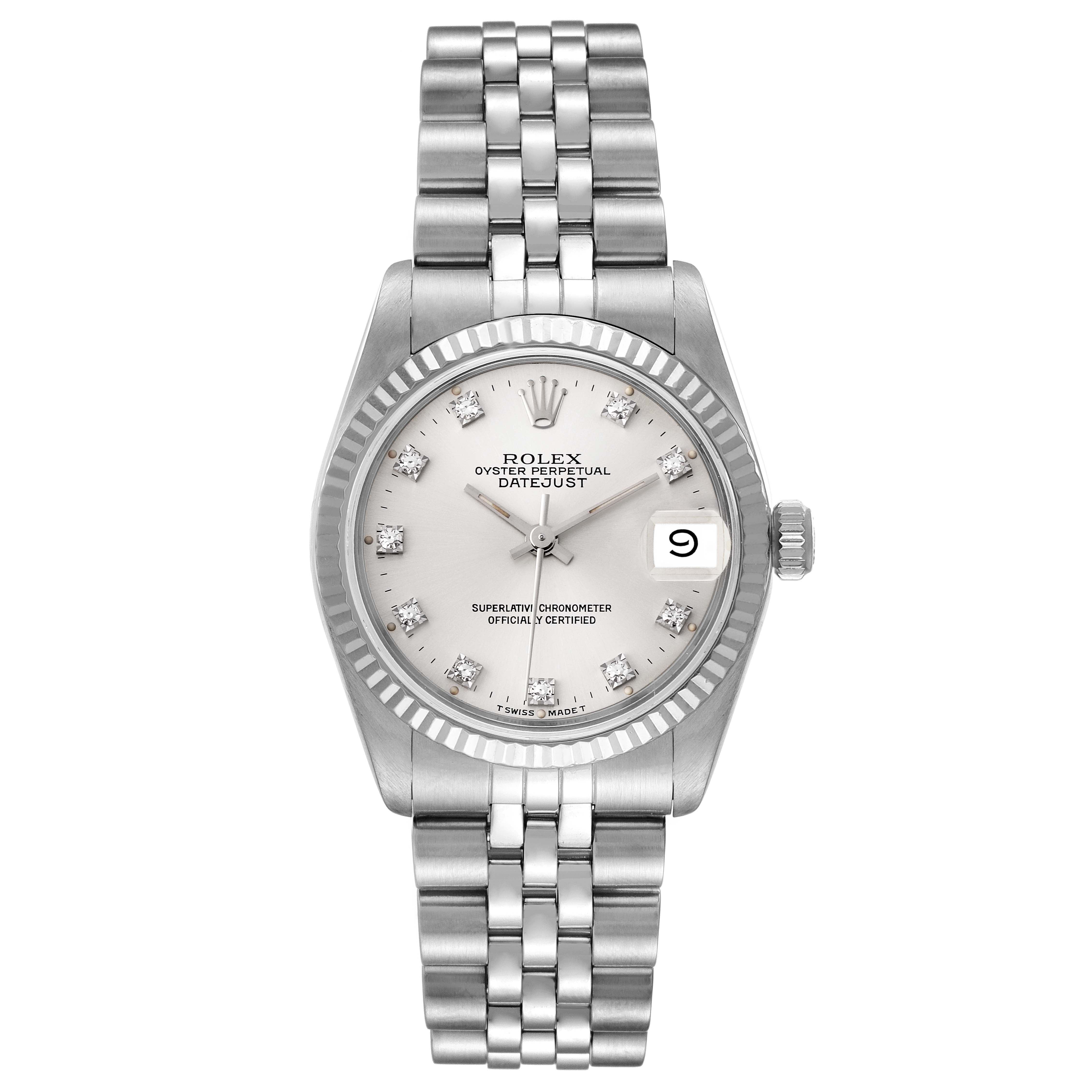 The image shows a front view of a Rolex Oyster Perpetual Datejust Mid-Size watch, highlighting its silver dial, markers, and bracelet.