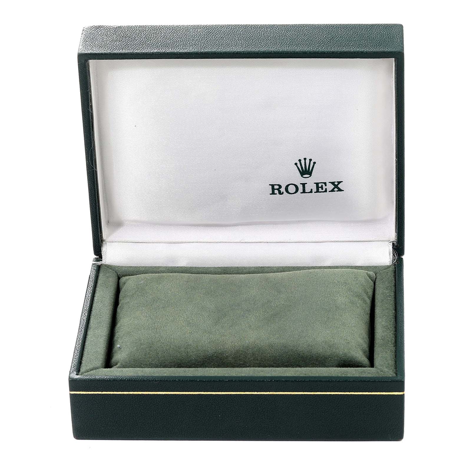 This is an open green Rolex watch box with the brand
s logo inside the lid but no watch present.
