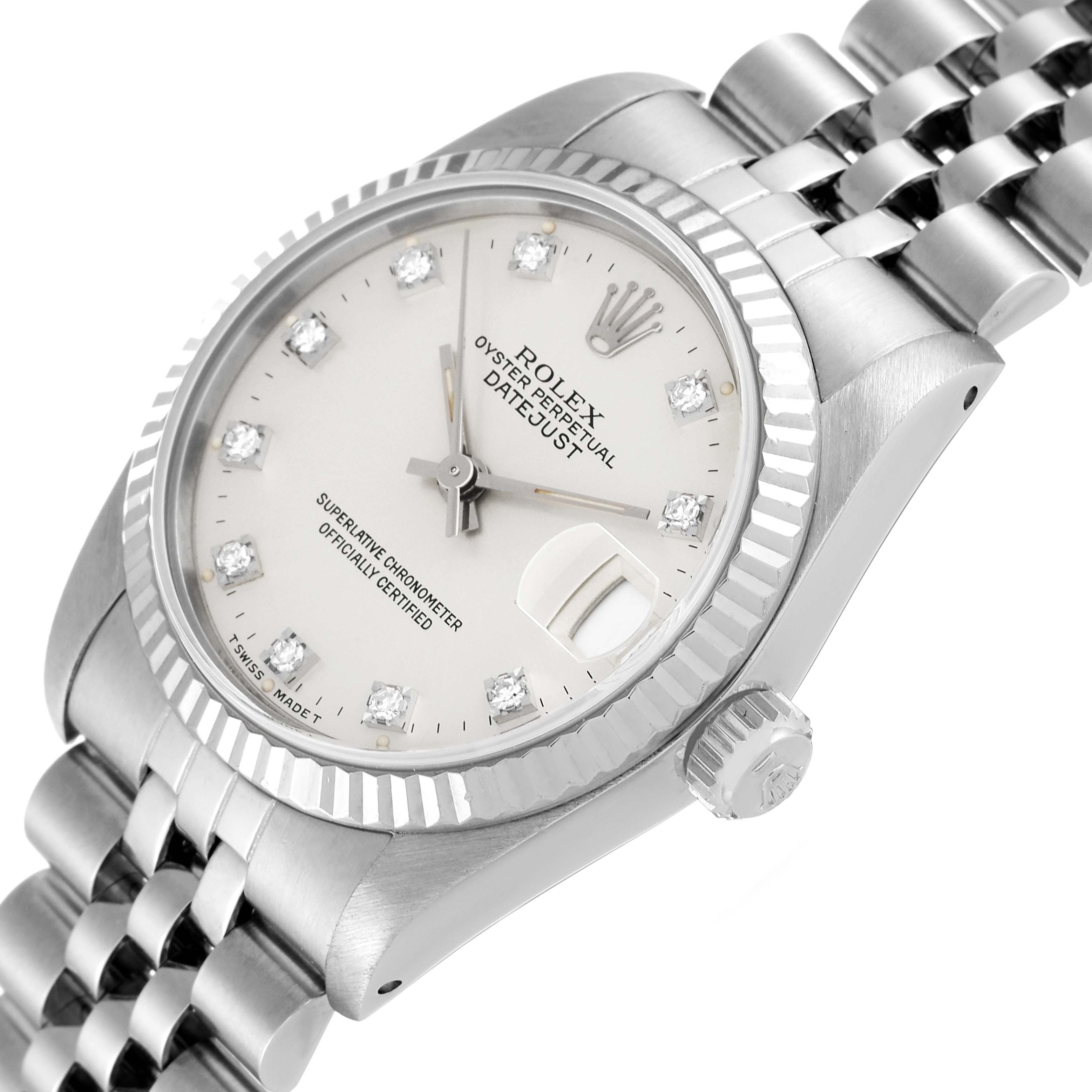 The image shows a Rolex Mid-Size 68274 Women
s Stainless Steel Silver Dial 68274 Women
s Stainless Steel Silver Dial Datejust watch at a three-quarter angle highlighting the dial, bezel, crown, and bracelet.