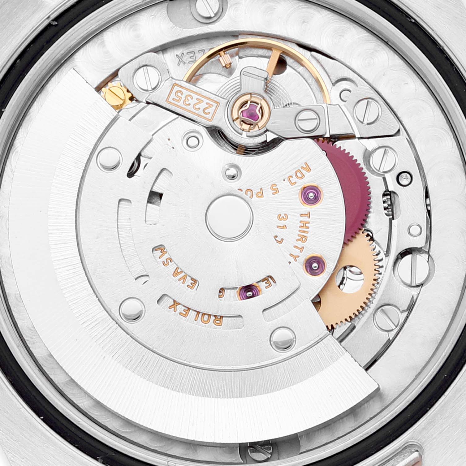 This image shows a close-up view of the internal movement mechanism of a Rolex Mid-Size 178241 Women's Steel and Gold (two tone) Black Dial 178241 Women's Steel and Gold (two tone) Black Dial model watch.