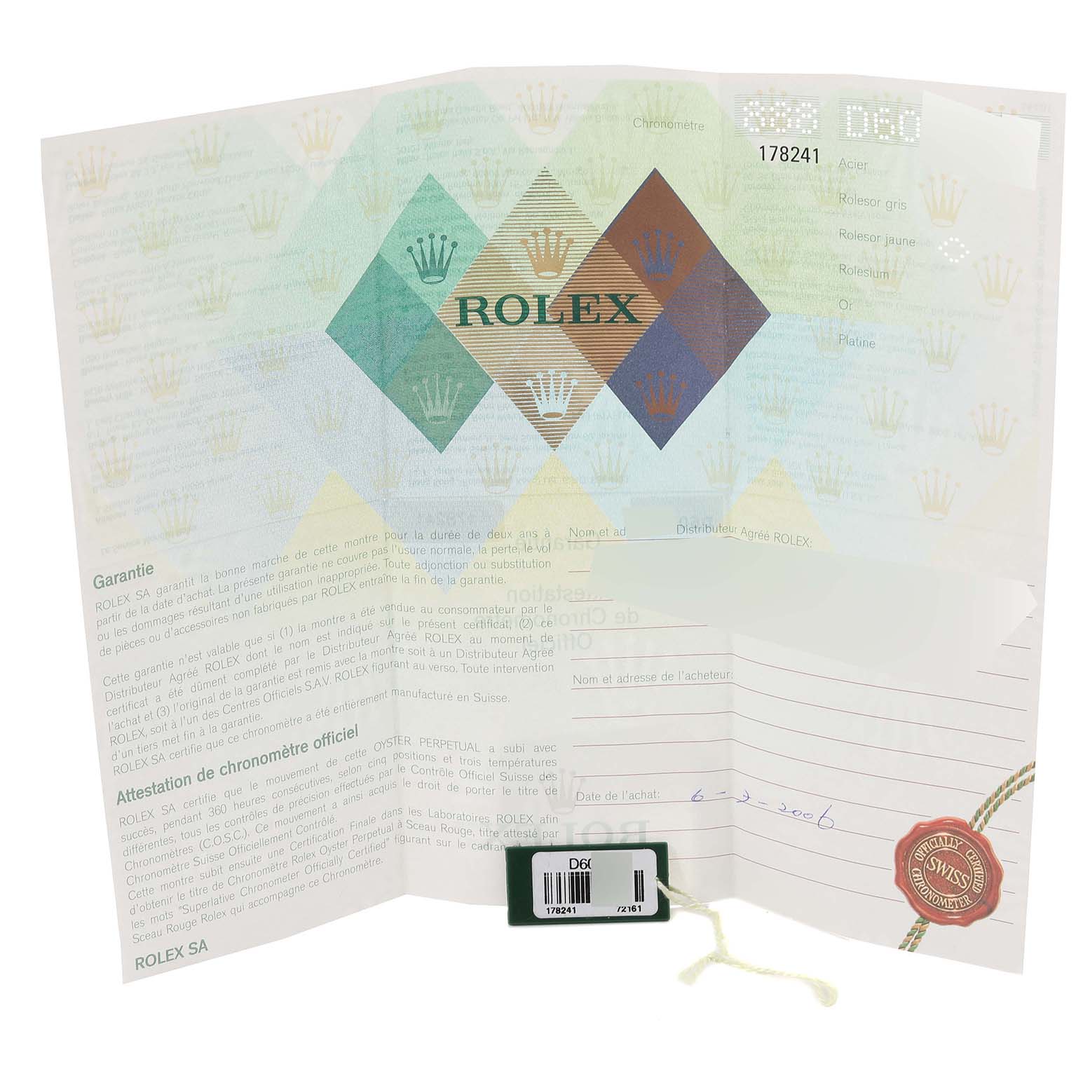 The image shows the open warranty and chronometer certification papers for a Rolex Mid-Size 178241 Women's Steel and Gold (two tone) Black Dial 178241 Women's Steel and Gold (two tone) Black Dial model, with tags included.