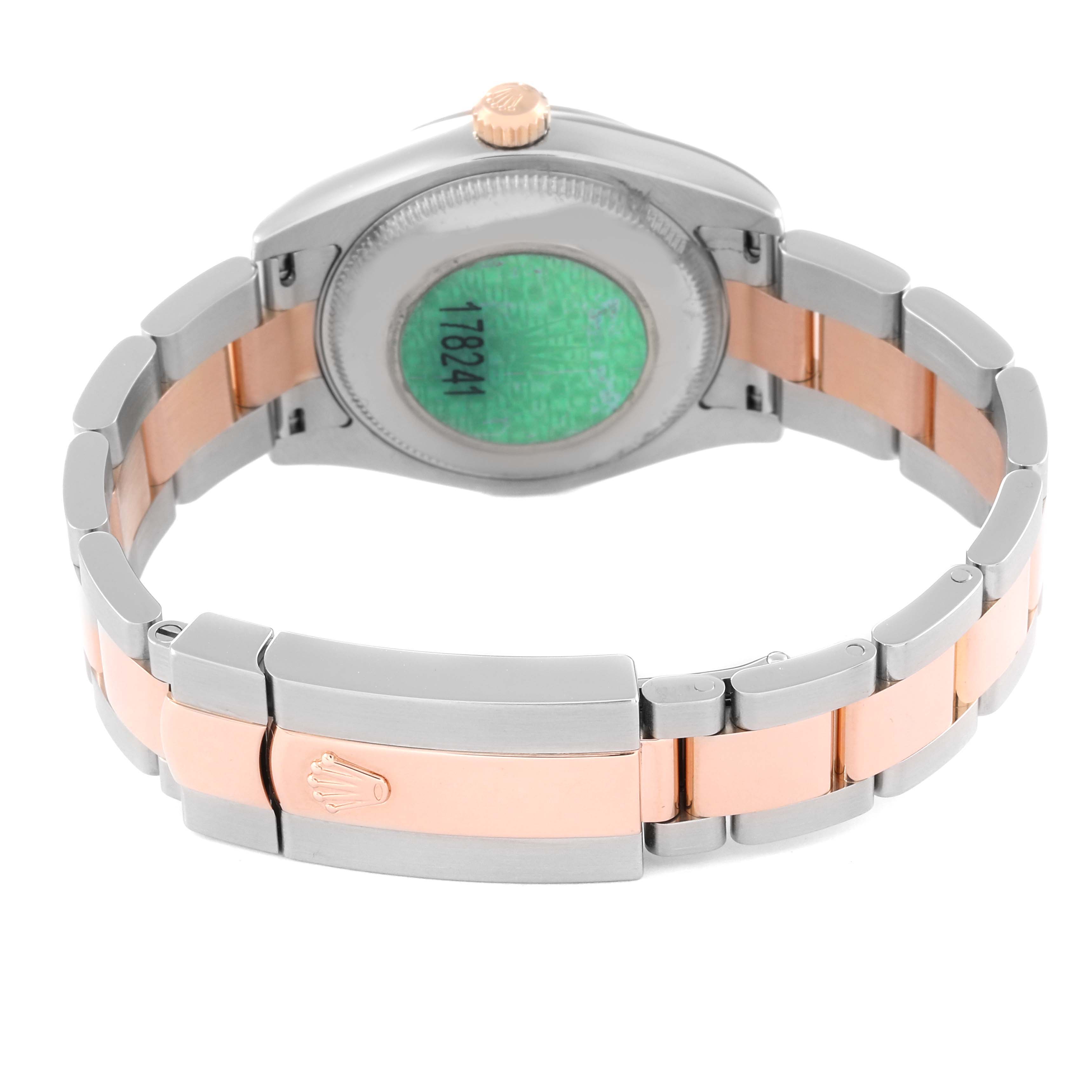 The image shows the back view of a Rolex Mid-Size 178241 Women's Steel and Gold (two tone) Black Dial 178241 Women's Steel and Gold (two tone) Black Dial model watch, focusing on the case back, bracelet, and clasp.