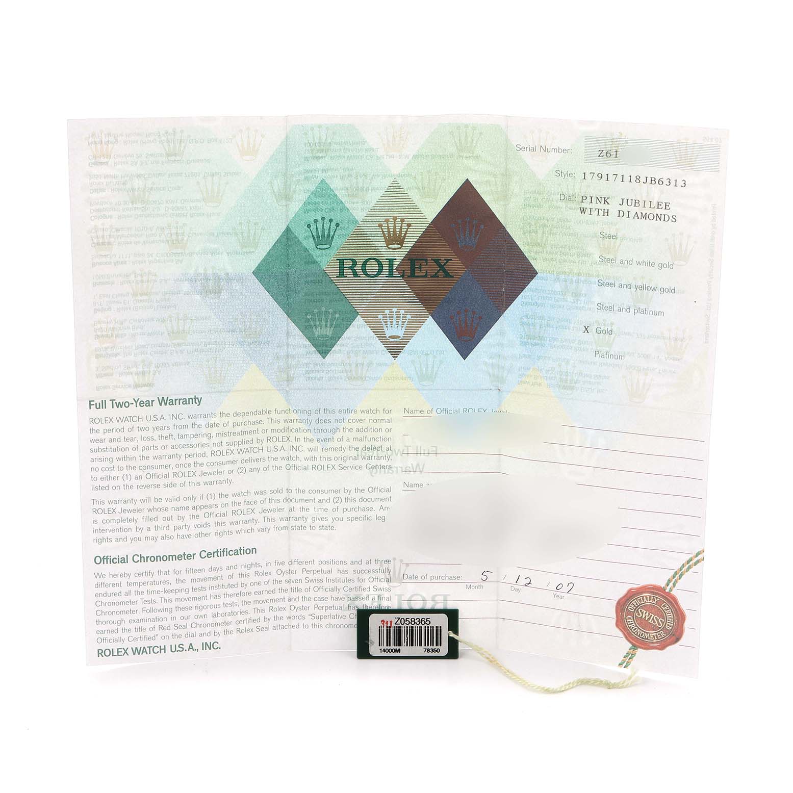 The image shows a warranty card for the Rolex Datejust 179171 Women
s Steel and Gold (two tone) Pink Dial, featuring registration and certification details.