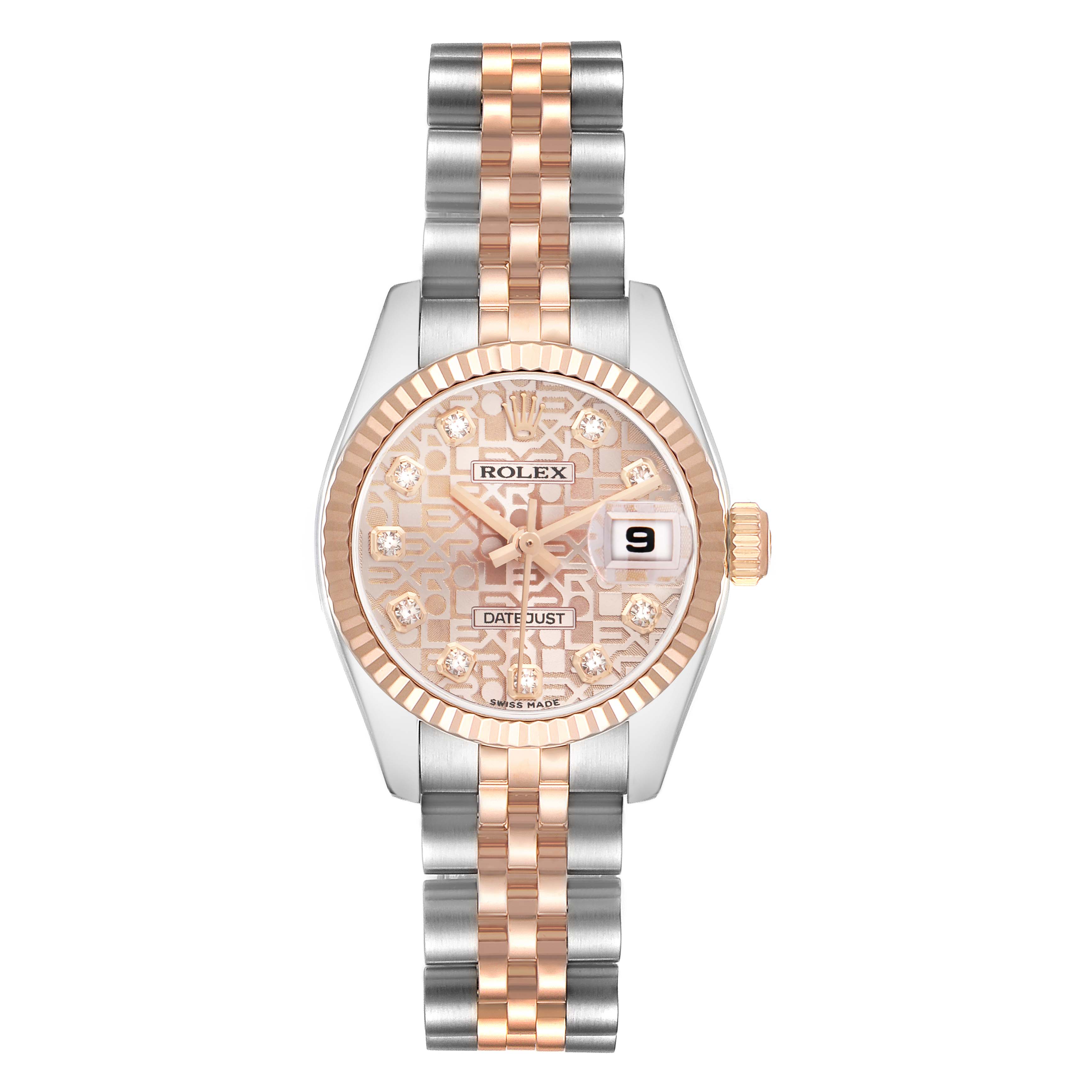 The Rolex Datejust 179171 Women
s Steel and Gold (two tone) Pink Dial watch is shown from the front, displaying the dial, bezel, and bracelet.