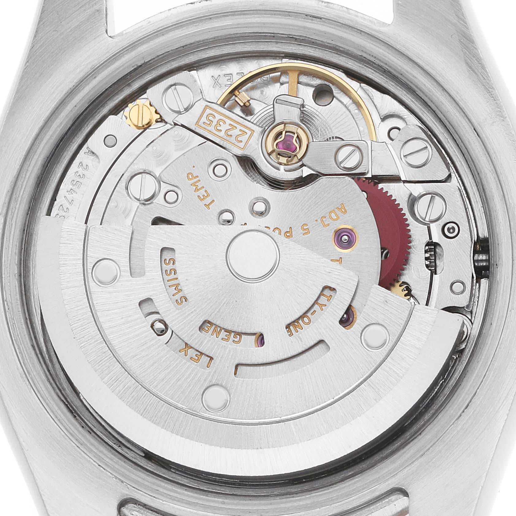 The image shows the movement of a Rolex Datejust 179171 Women
s Steel and Gold (two tone) Pink Dial watch, captured from the back, highlighting the rotor and internal mechanisms.