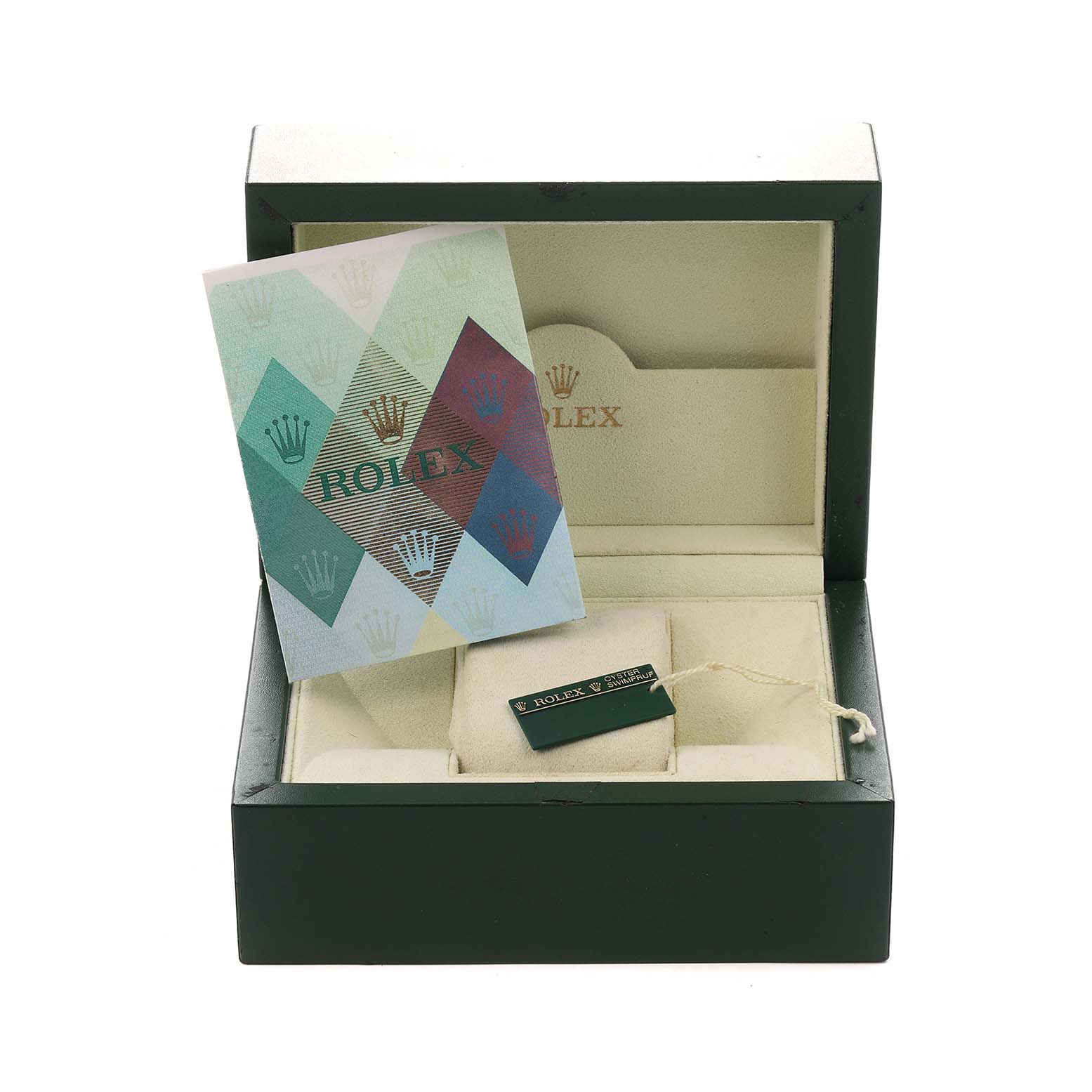 The image shows an open Rolex Datejust 179171 Women
s Steel and Gold (two tone) Pink Dial watch box with a card and tag inside, viewed from the front.