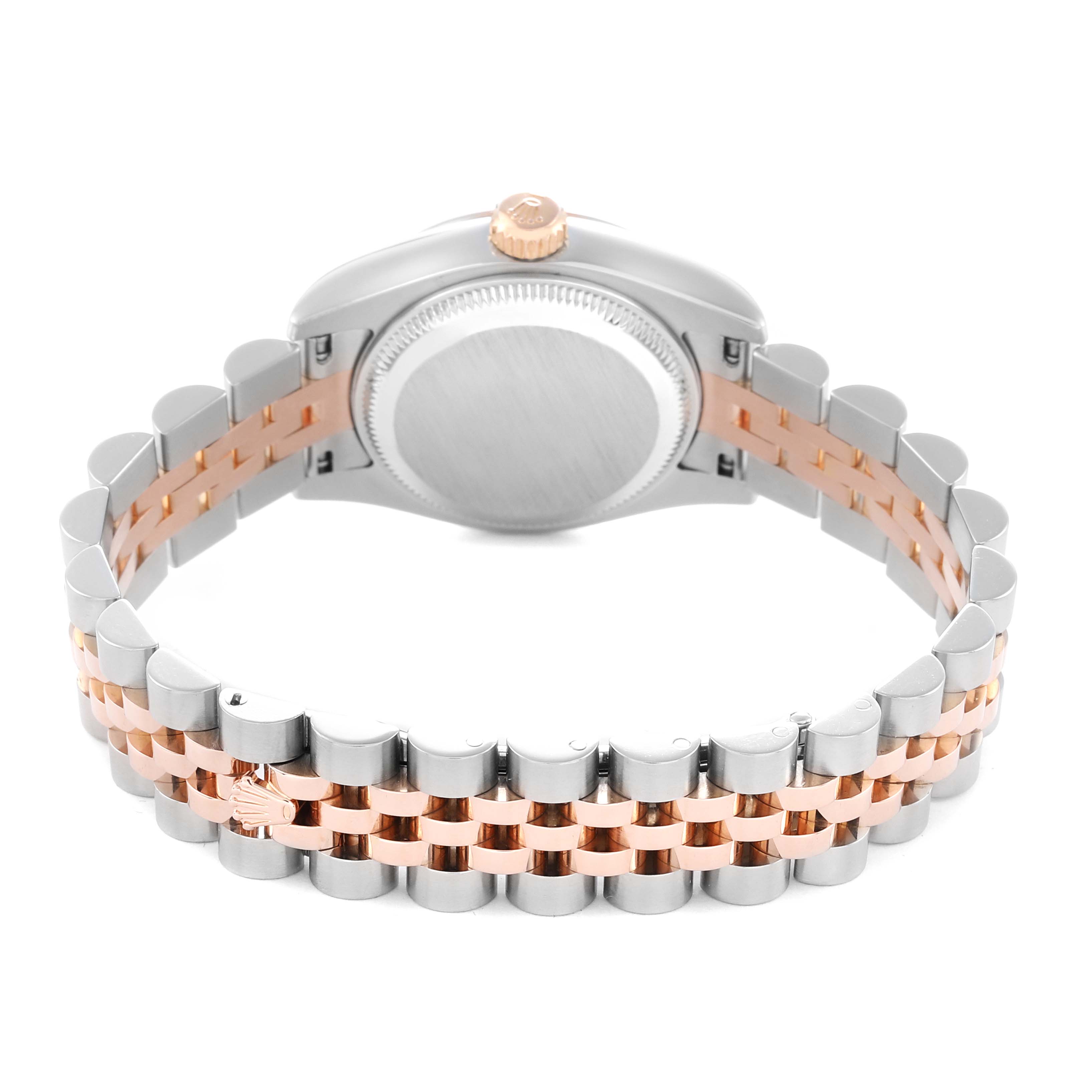 The image shows the back view of a Rolex Datejust 179171 Women
s Steel and Gold (two tone) Pink Dial, highlighting the case back, crown, and Jubilee bracelet.