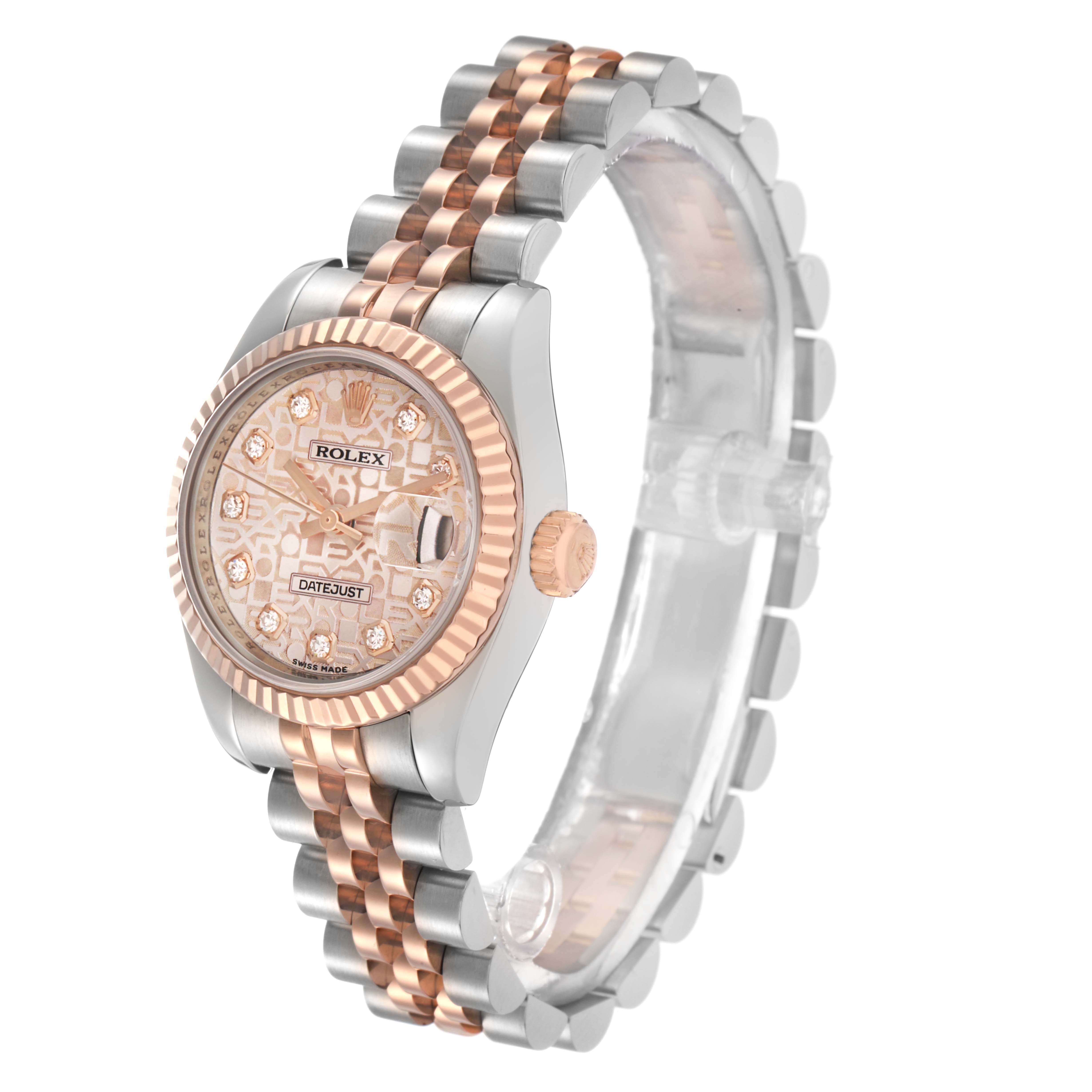 The Rolex Datejust 179171 Women
s Steel and Gold (two tone) Pink Dial watch is shown at a three-quarter angle, highlighting the dial, bezel, crown, and two-tone bracelet.